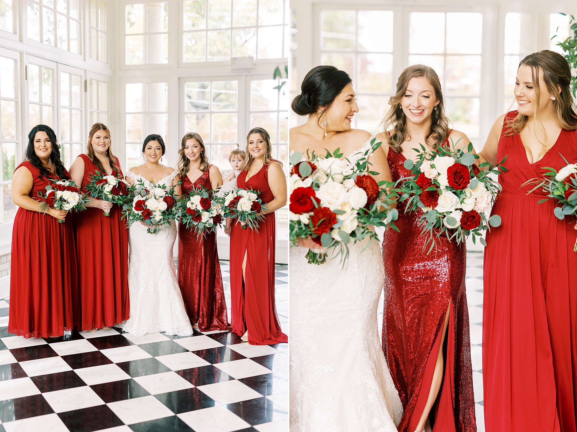 bride laughs with bridesmaids in mismatched red gowns for fall wedding at Separk Mansion