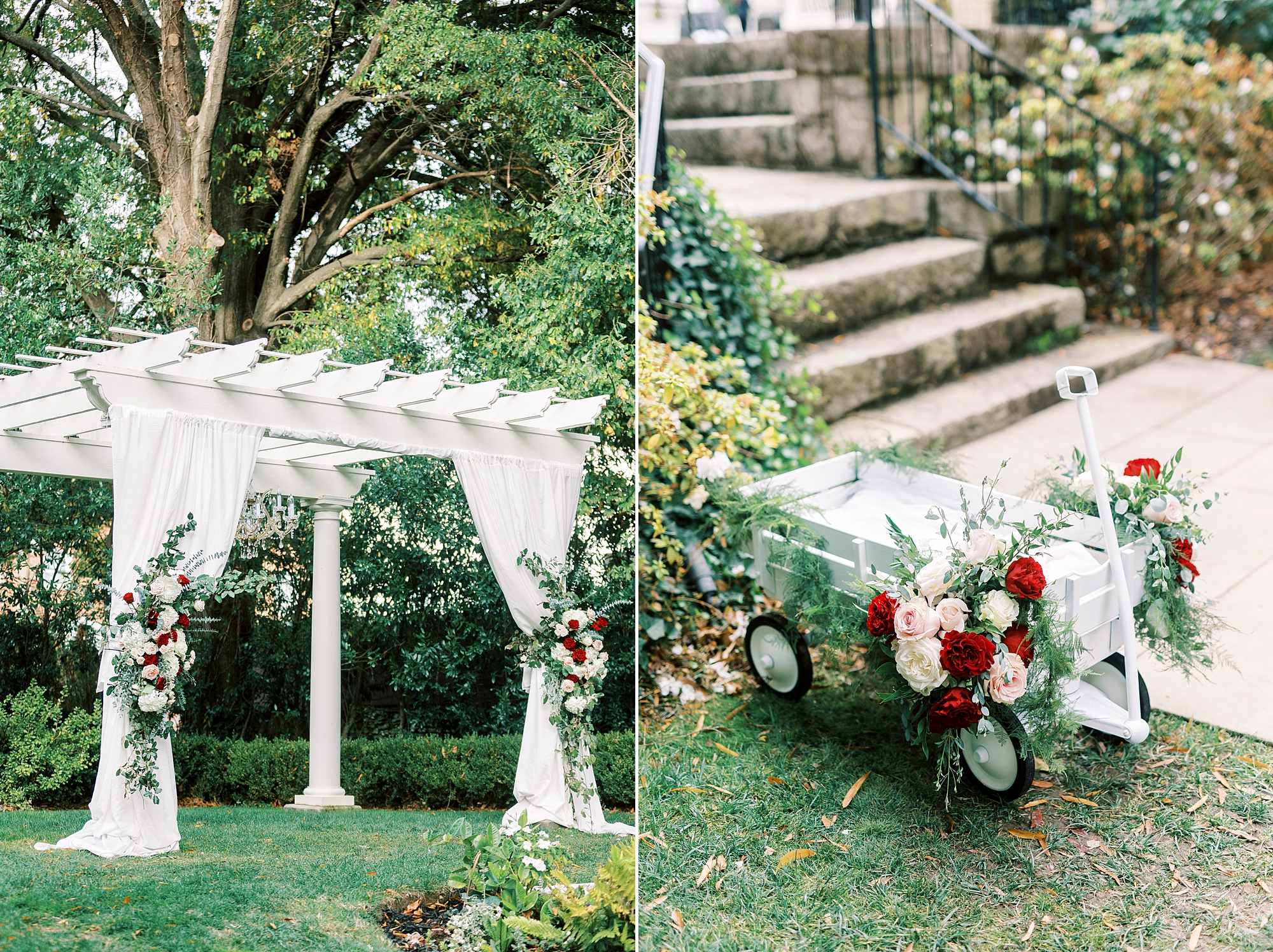 fall wedding ceremony at Separk Mansion with red and white floral displays
