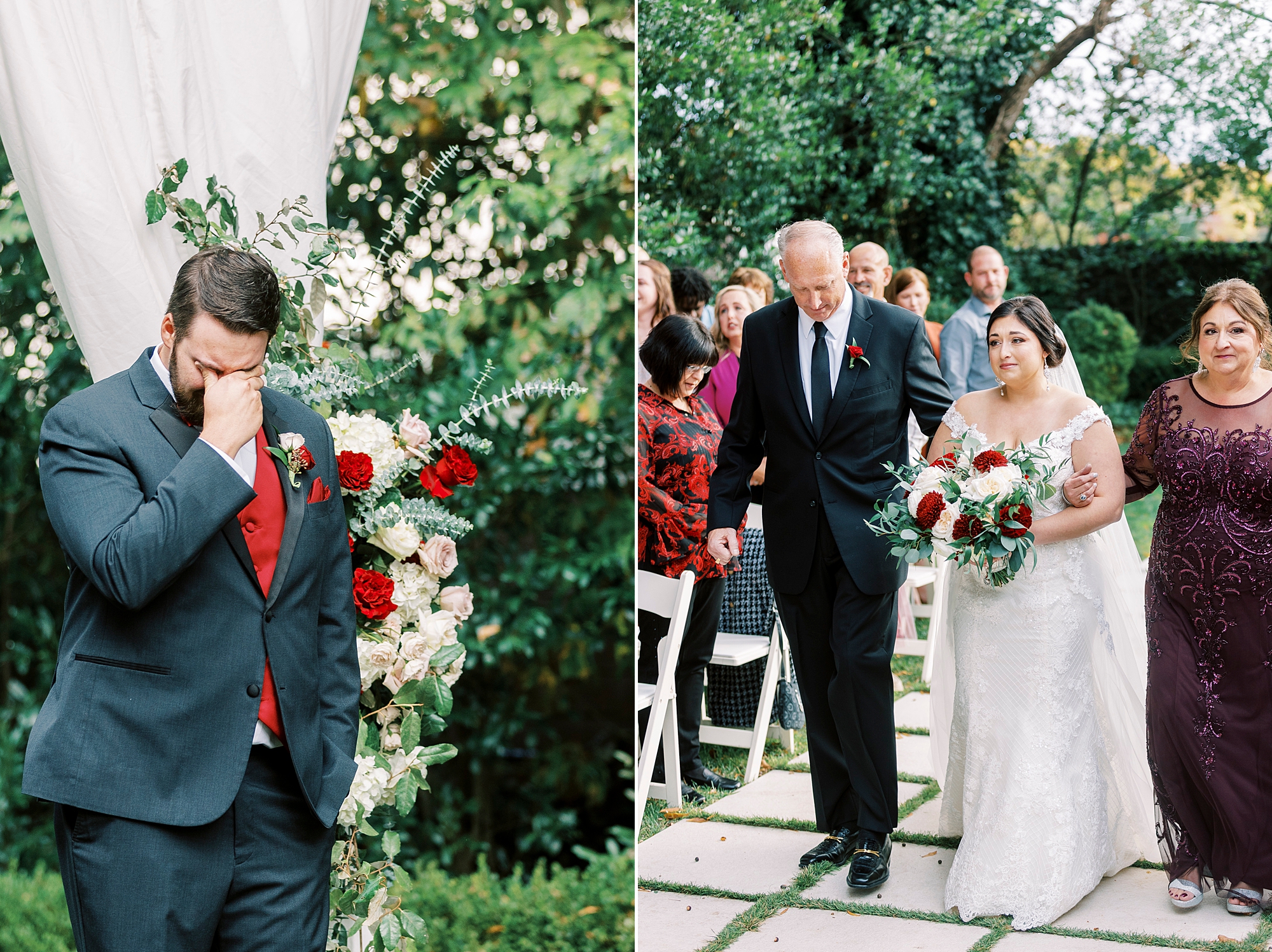 groom cries watching bride walk down aisle for outdoor wedding ceremony at Separk Mansion