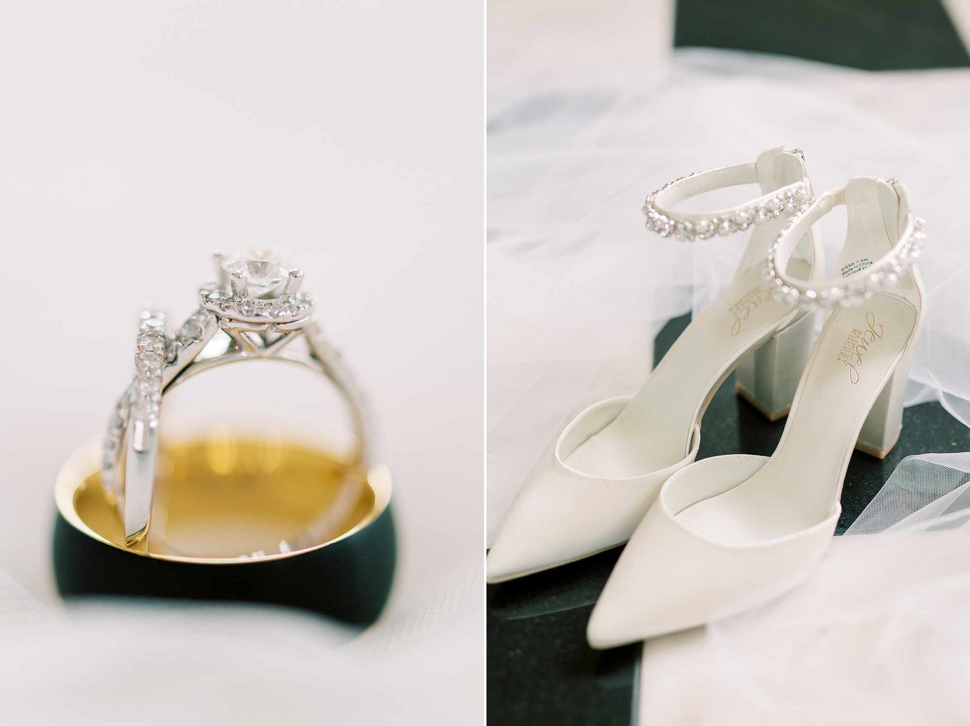 wedding rings sit together next to bride's ivory shoes