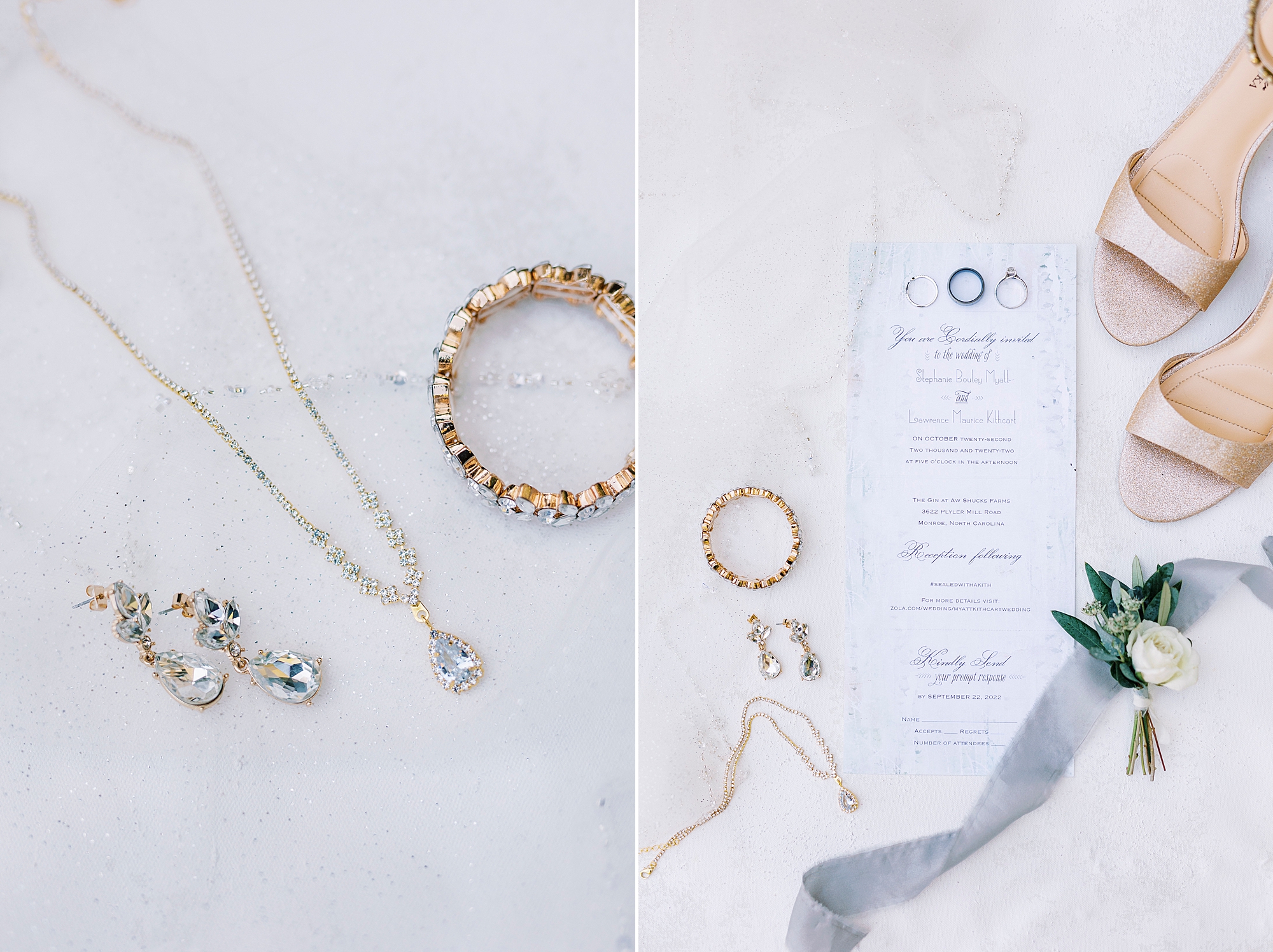 bride's jewelry and stationery for rustic Gin at Aw Shucks Farm wedding day