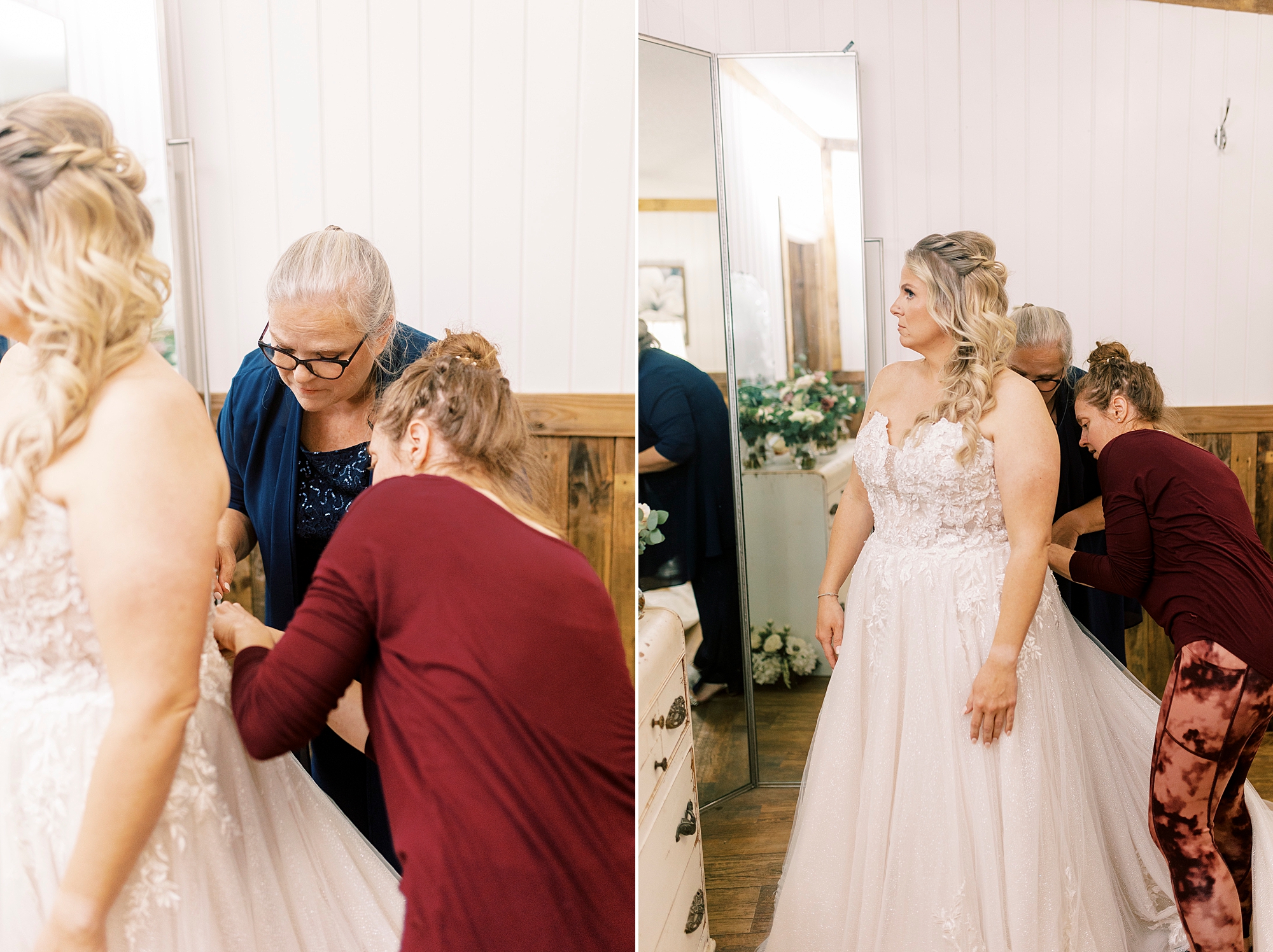 bridesmaids and mother help bride into wedding gown 