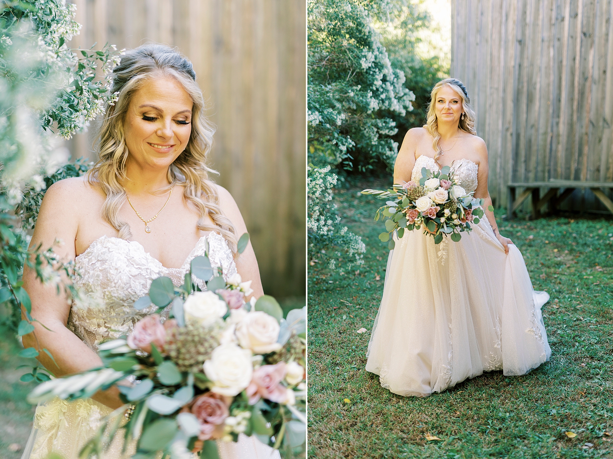 bride looks down at bouquet of white and pink flowers 