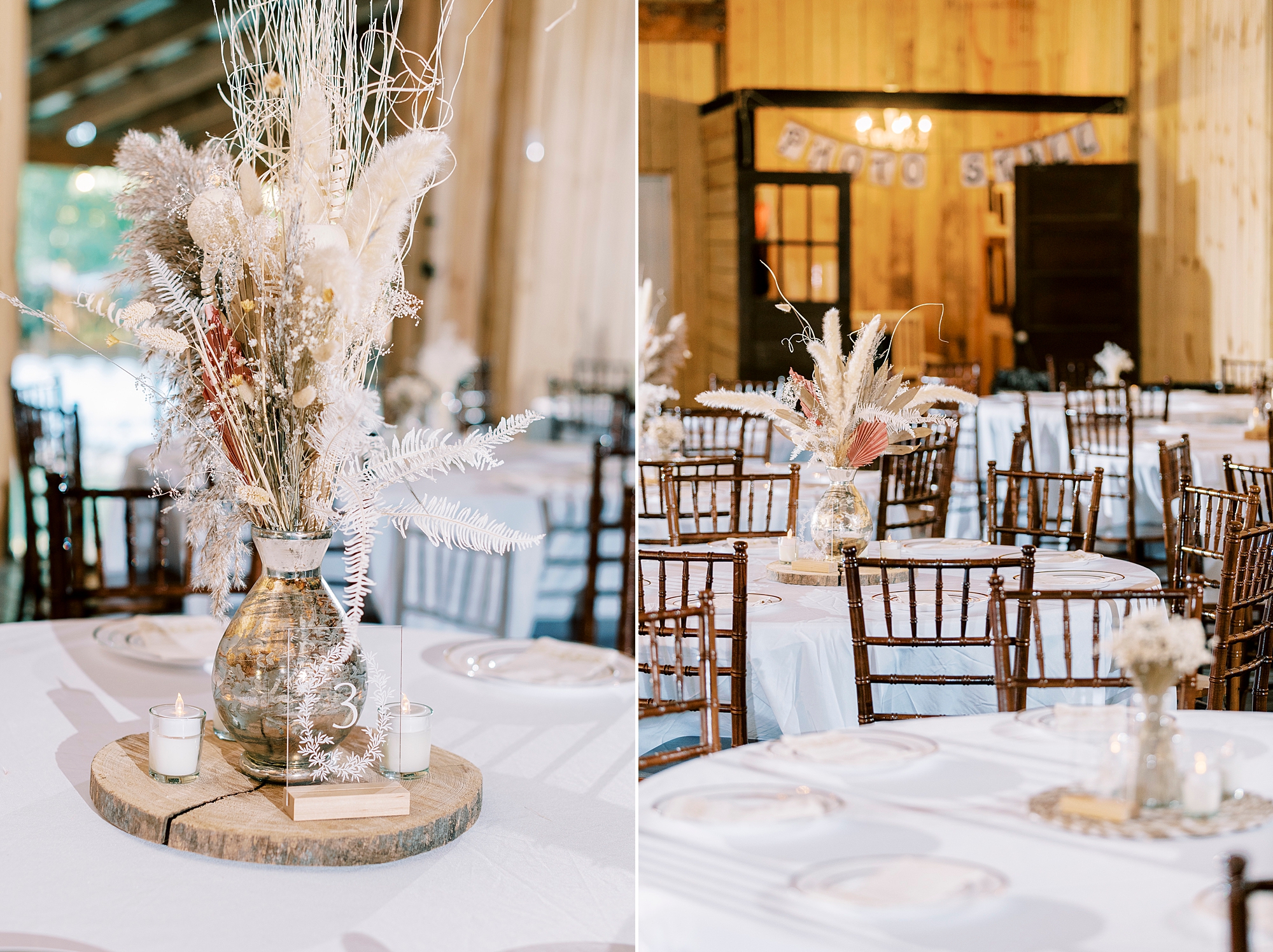 fall wedding reception with rustic centerpieces at the Gin at Aw Shucks Farm