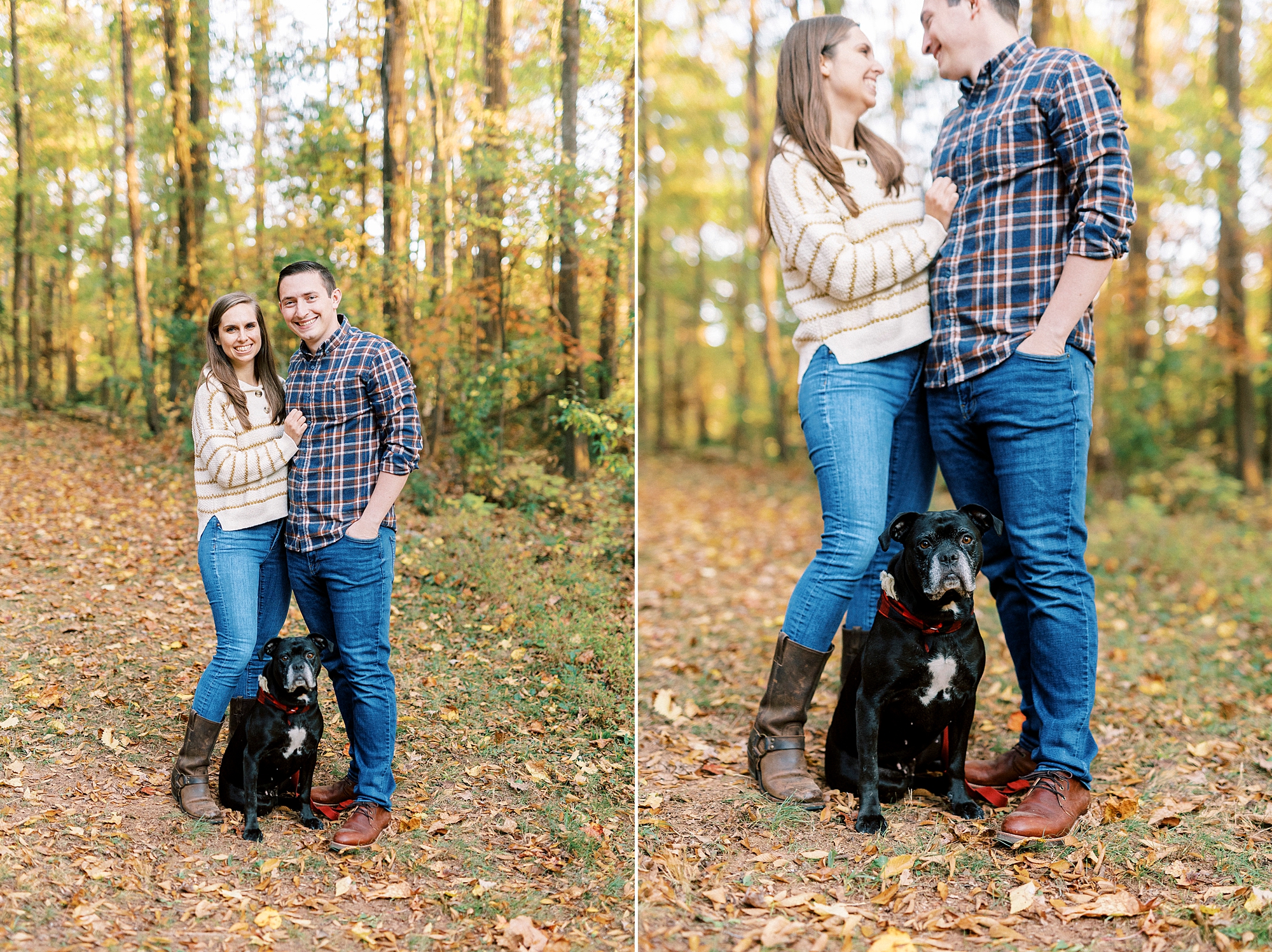 engaged couple hugs with dog sitting at their feet