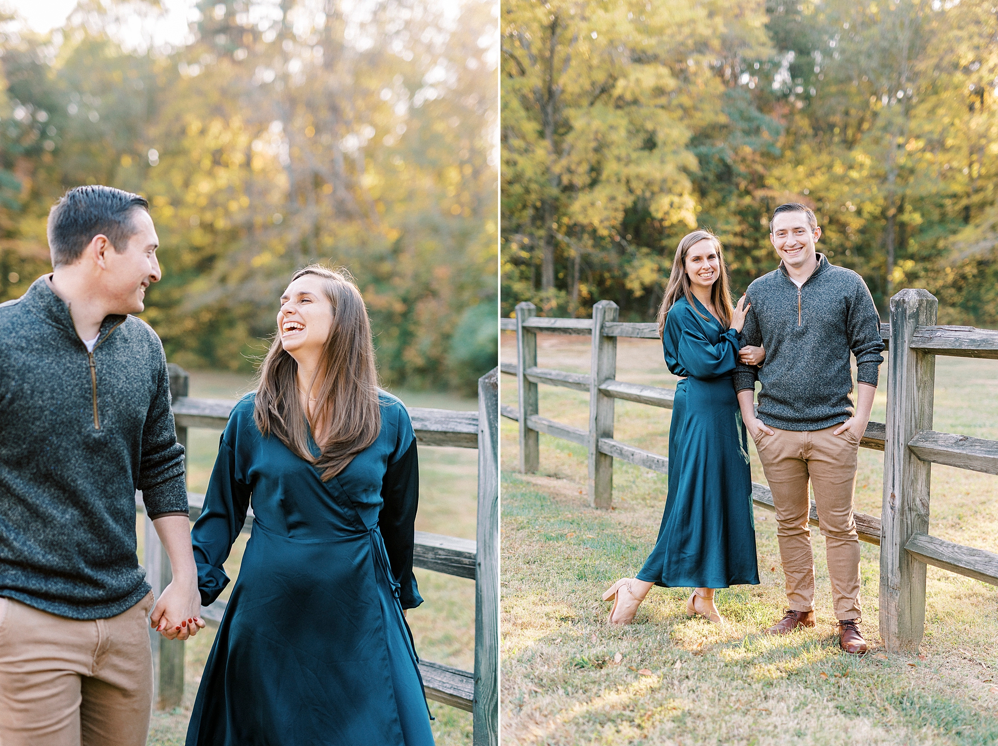 engaged couple walks by wooden fence during Latta Nature Preserve engagement photos