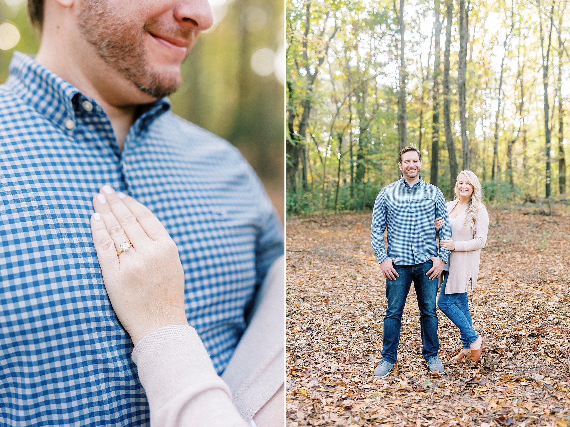 bride leans against groom during cozy fall engagement session 