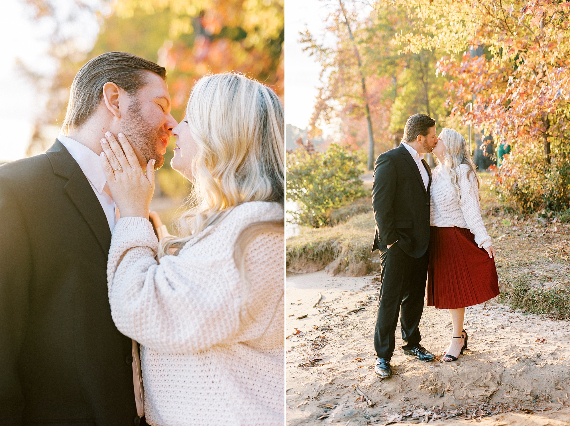 bride and groom lean in for kiss during Latta Nature Preserve engagement session 