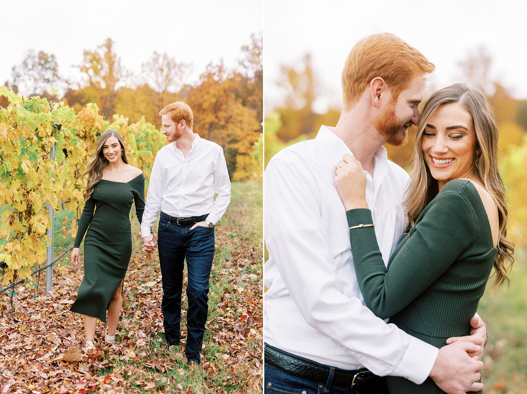 engaged couple hugs in vines during fall Raffaldini Vineyards engagement session 