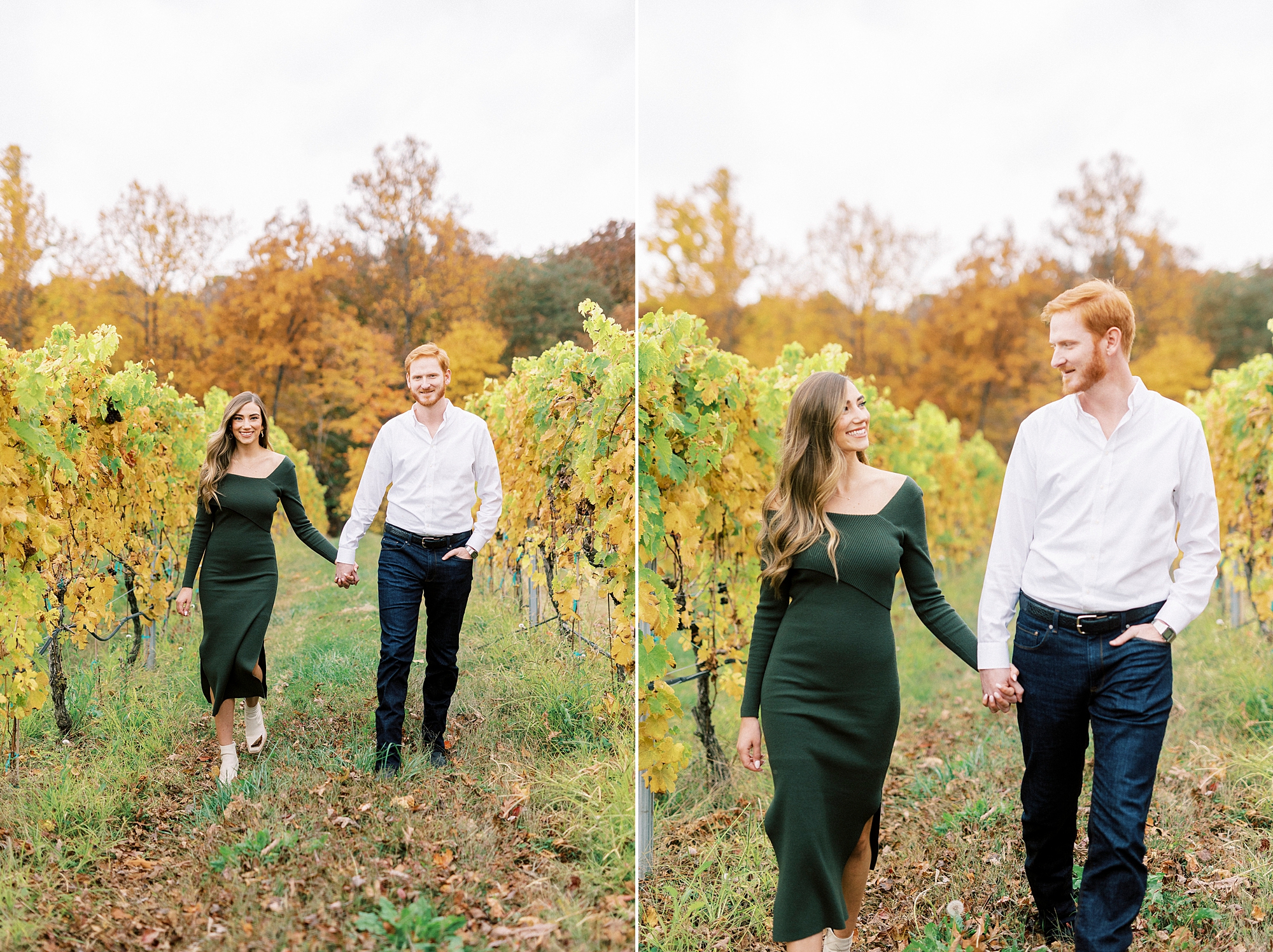 engaged couple walks through vines during fall engagement session at Raffaldini Vineyards