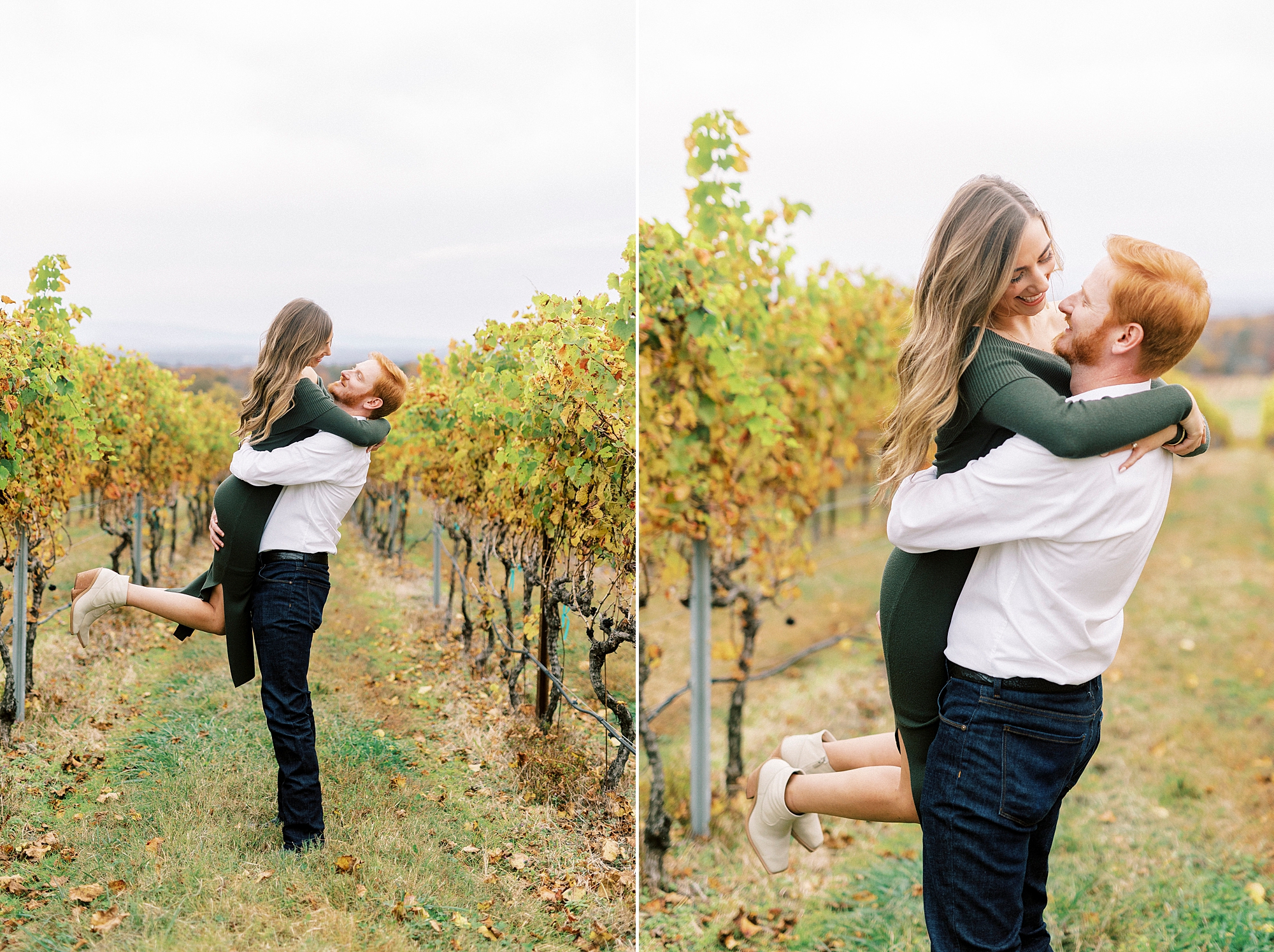 man lifts up fiancee during fall engagement portraits at Raffaldini Vineyards