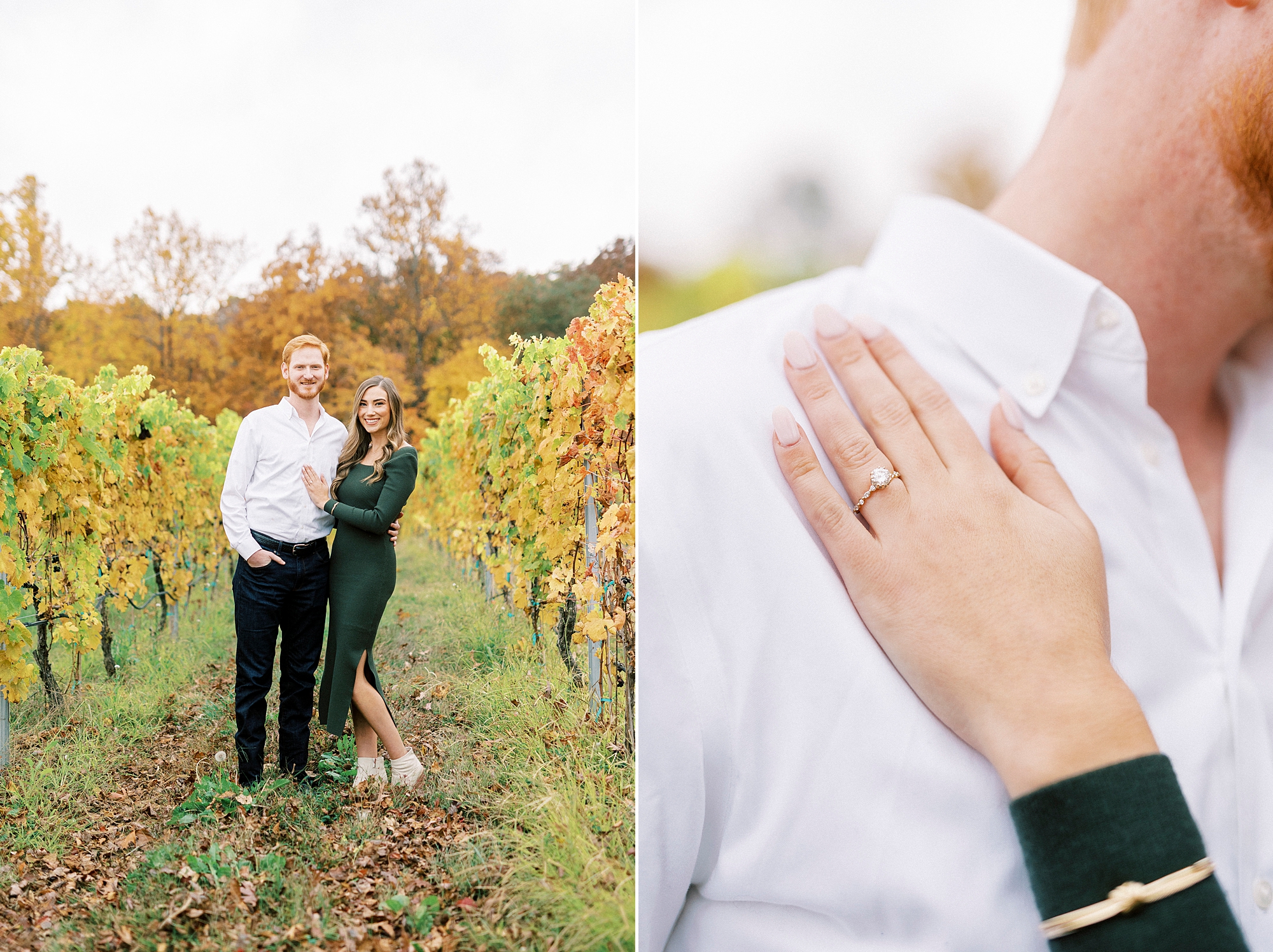 woman stands with hand on groom's shoulder showing off engagement ring 