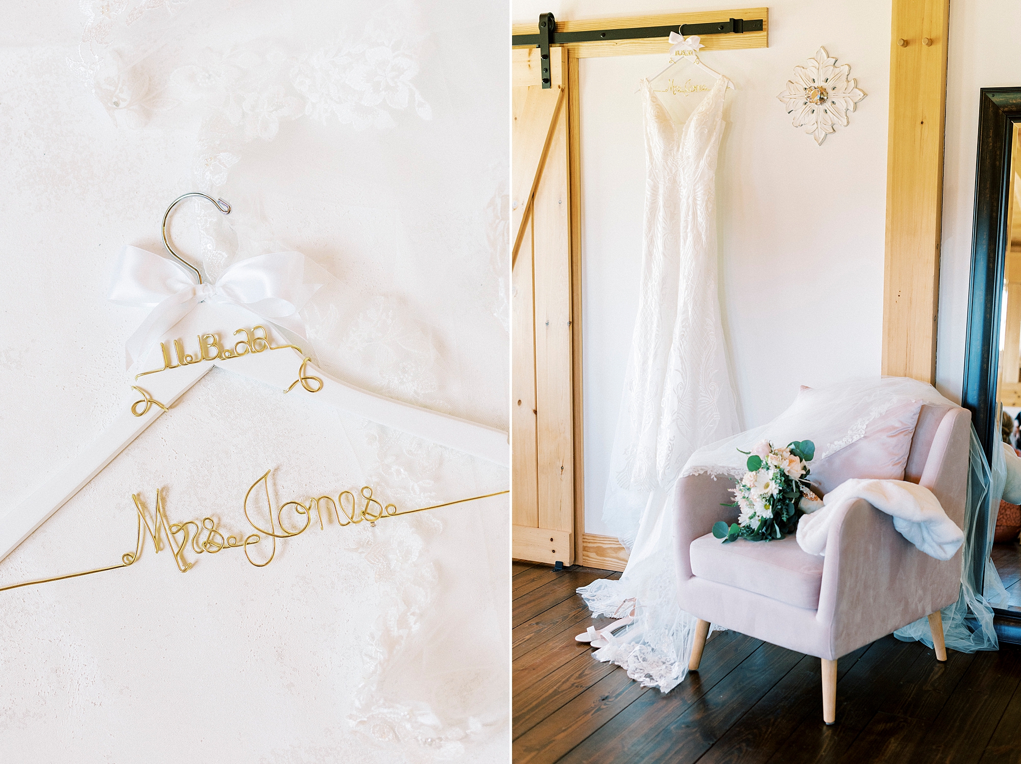 wedding dress hangs in suite at Chickadee Hill Farms