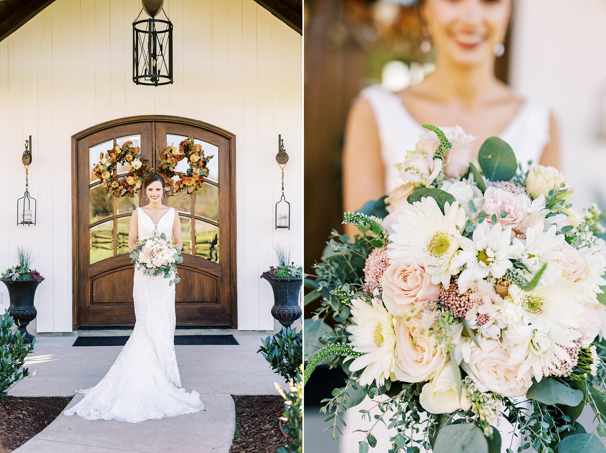 bride poses by wooden door at Chickadee Hill Farms holding pink and white bouquet 