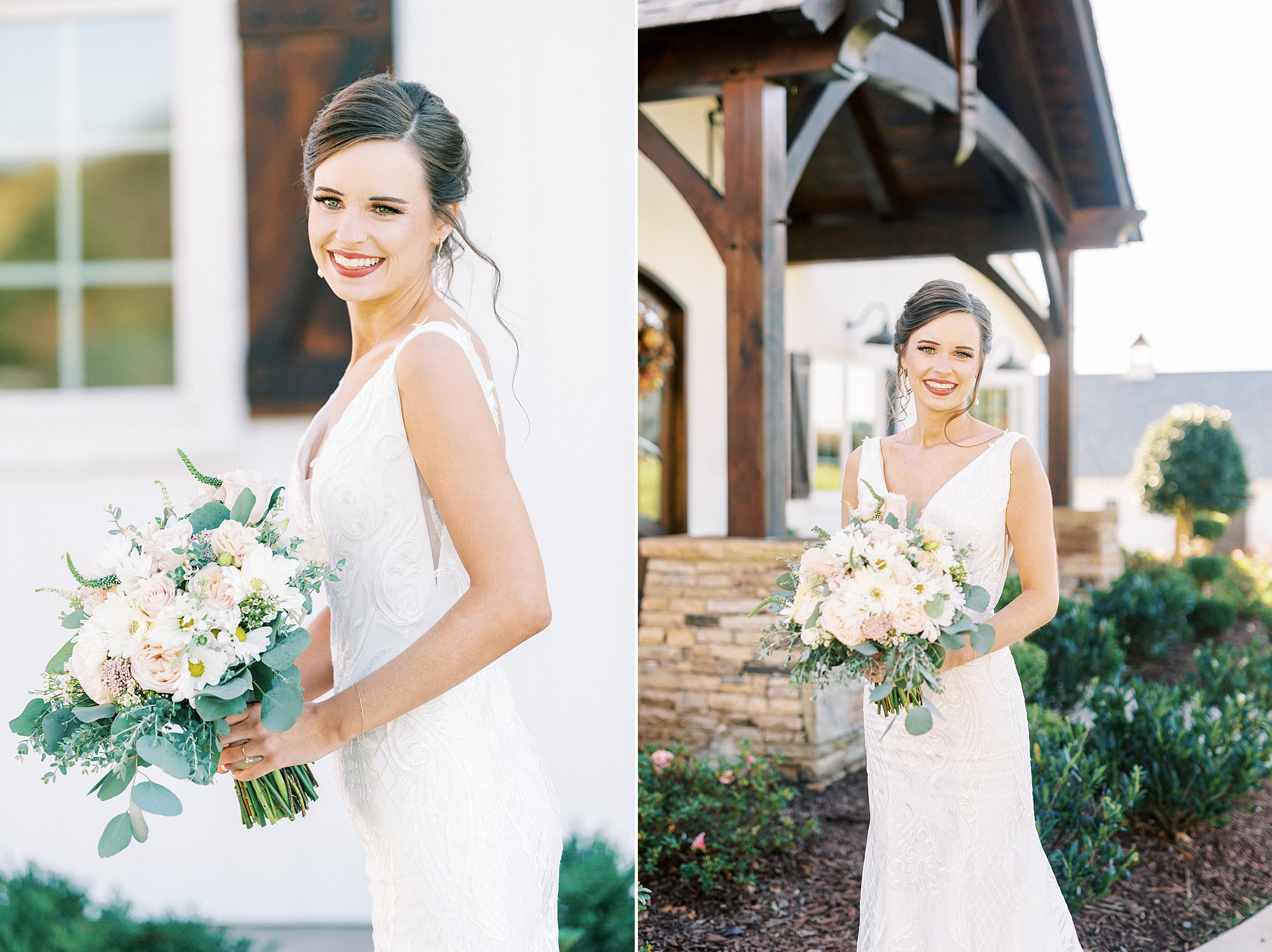 bride smiles by white wall at Chickadee Hill Farms holding pink and white bouquet