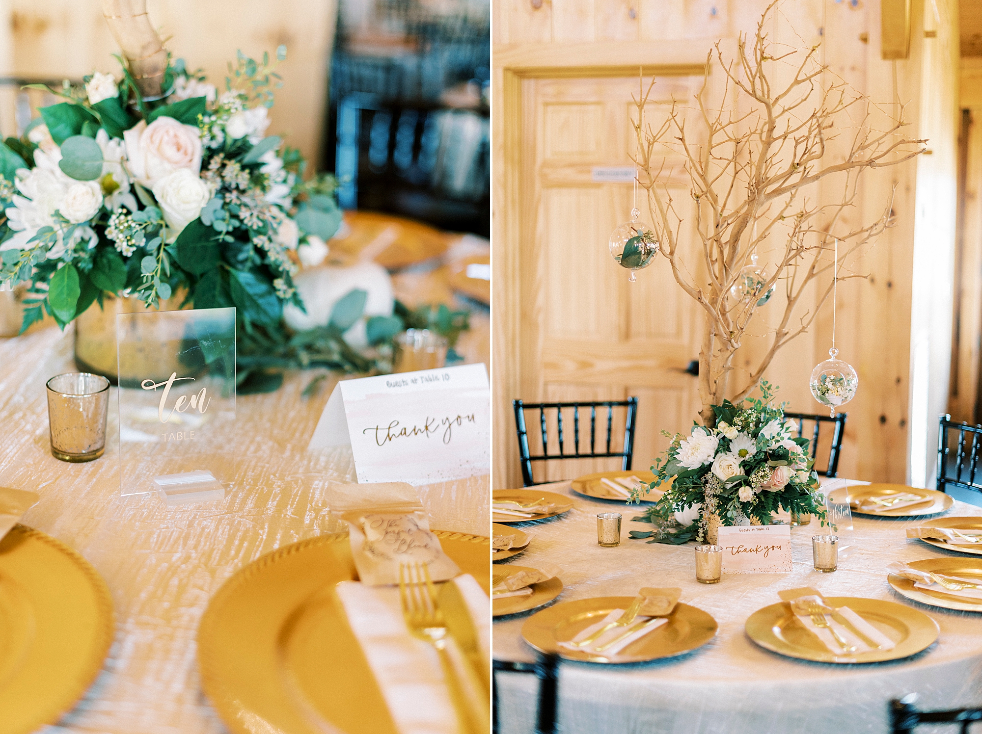 gold plates and rustic floral centerpieces for barn reception at Chickadee Hill Farms