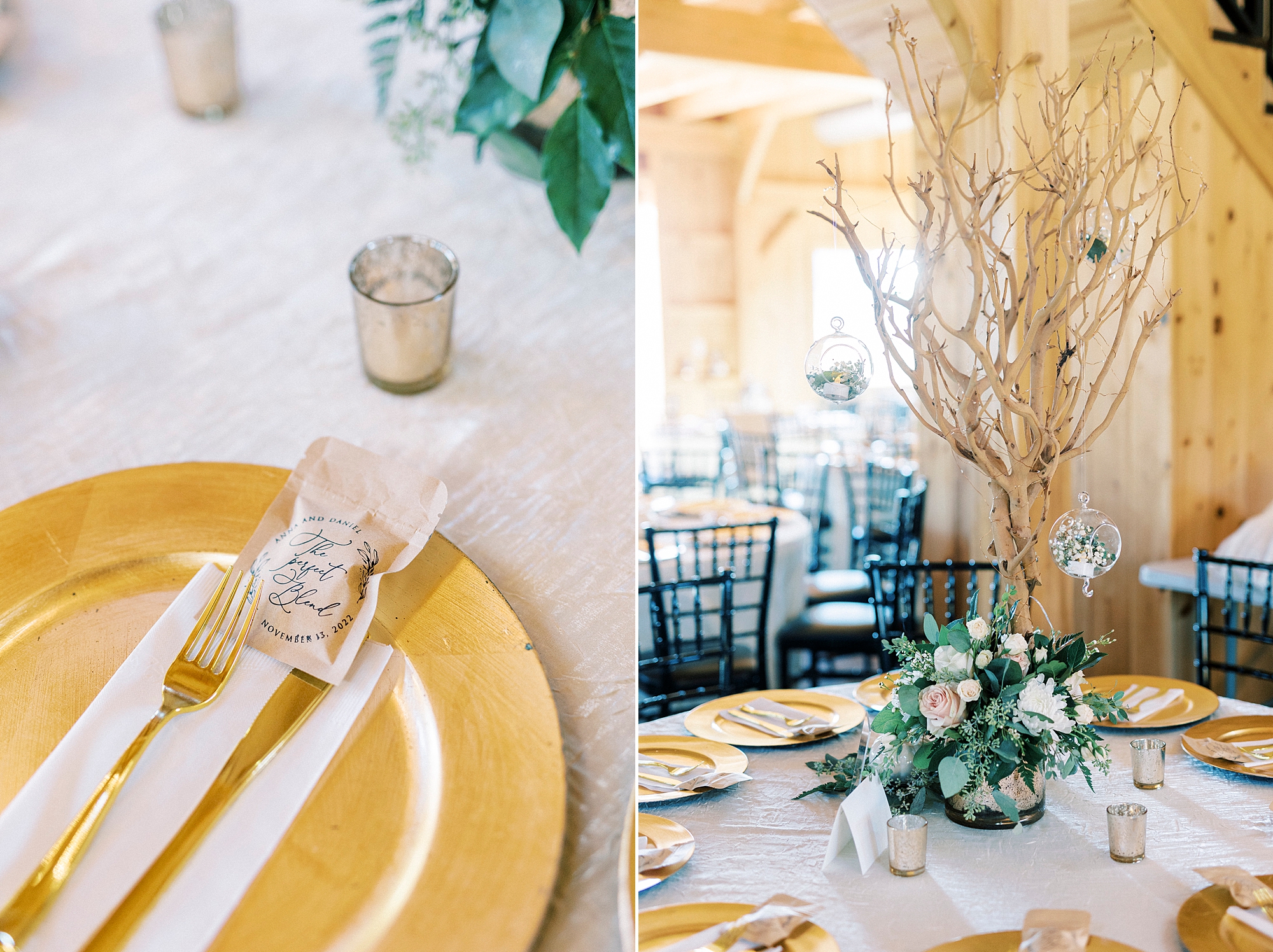 place settings with gold chargers at Chickadee Hill Farms