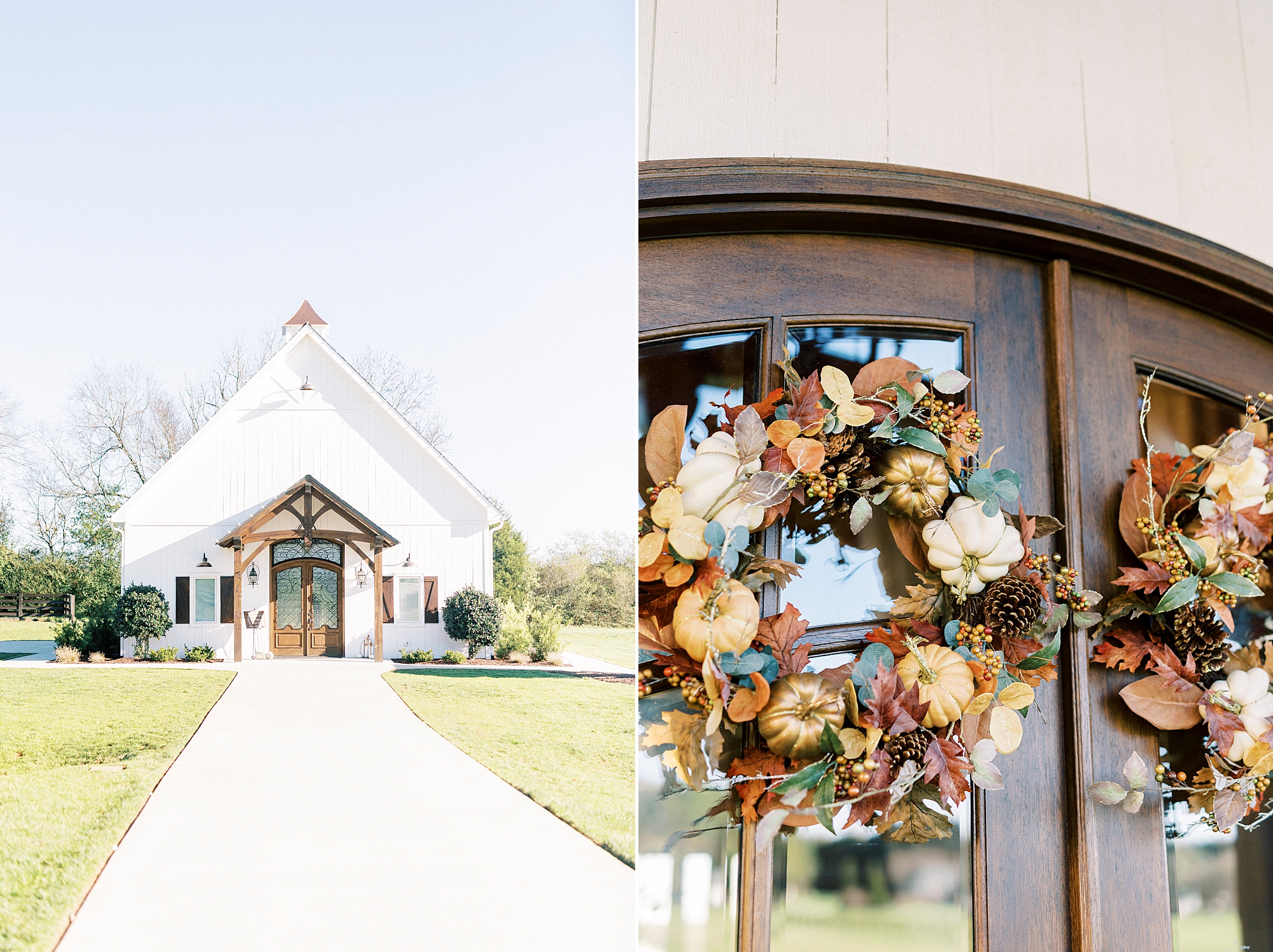 chapel at Chickadee Hill Farms with fall wreath on the door 