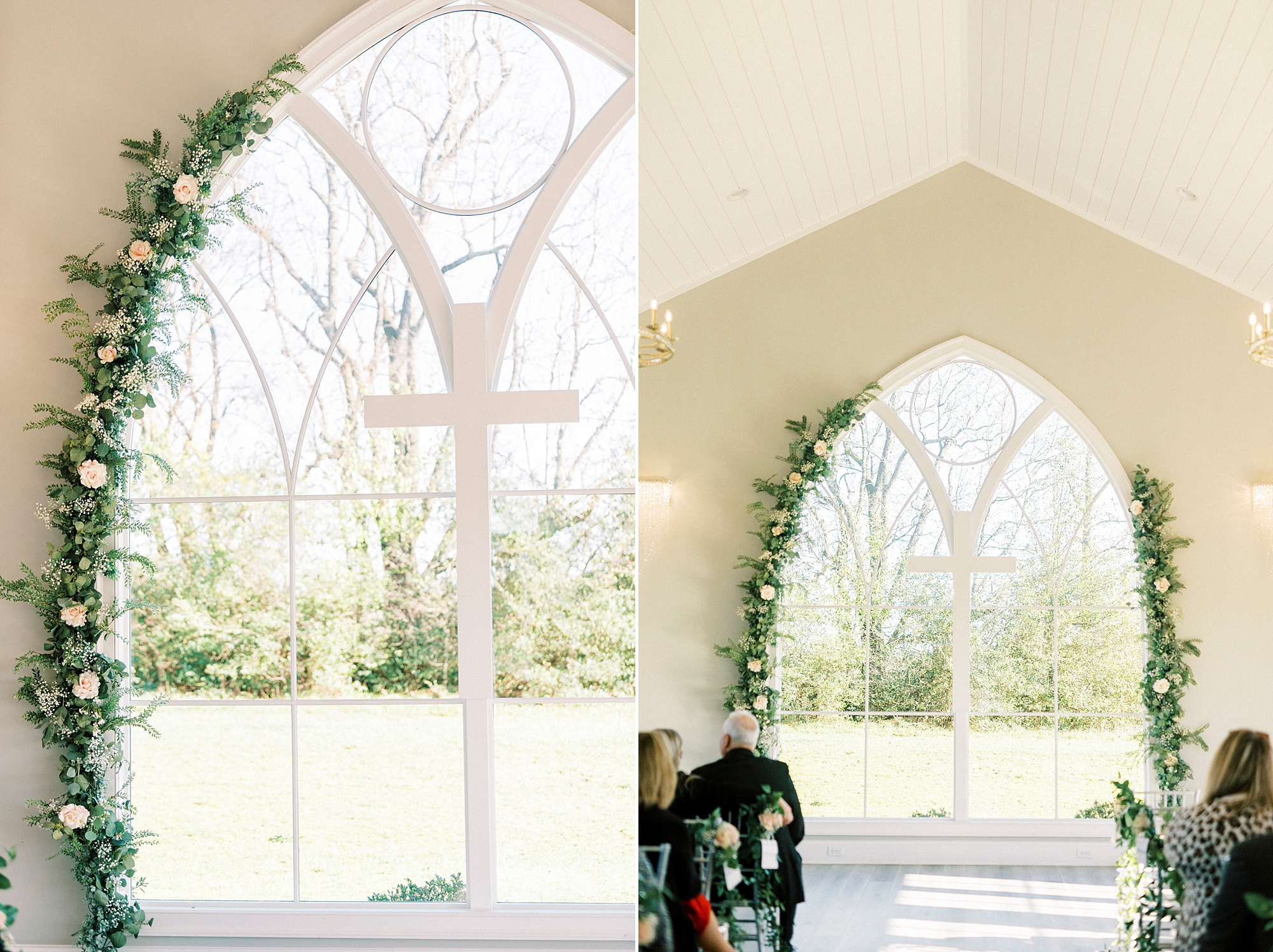 large window with white cross and greenery displays at Chickadee Hill Farms