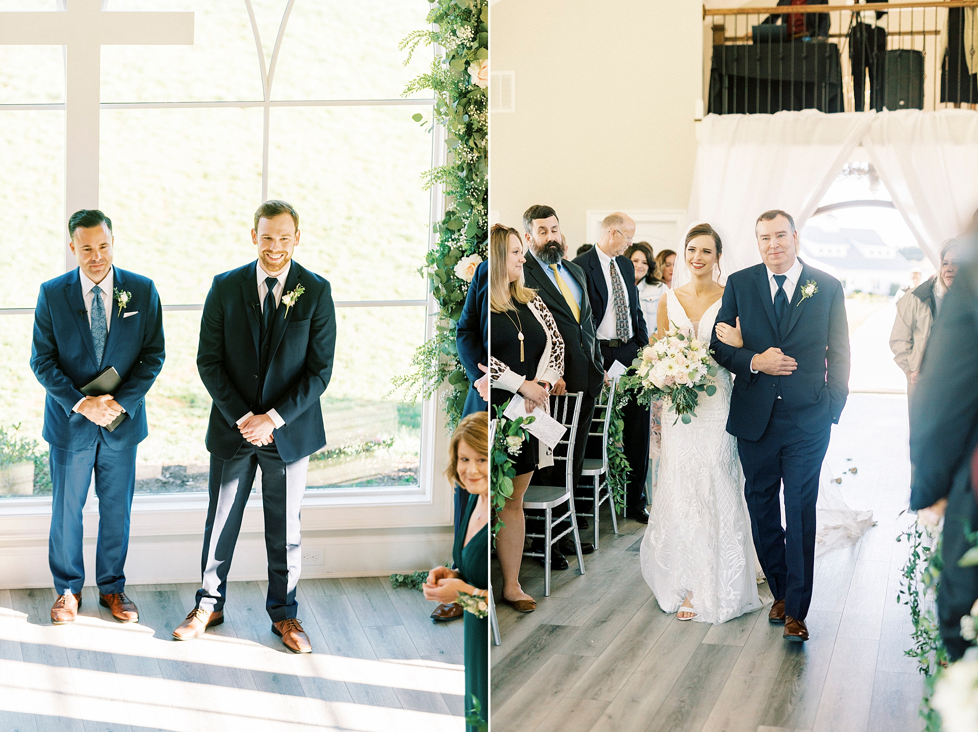 groom watches bride walk down aisle with father 
