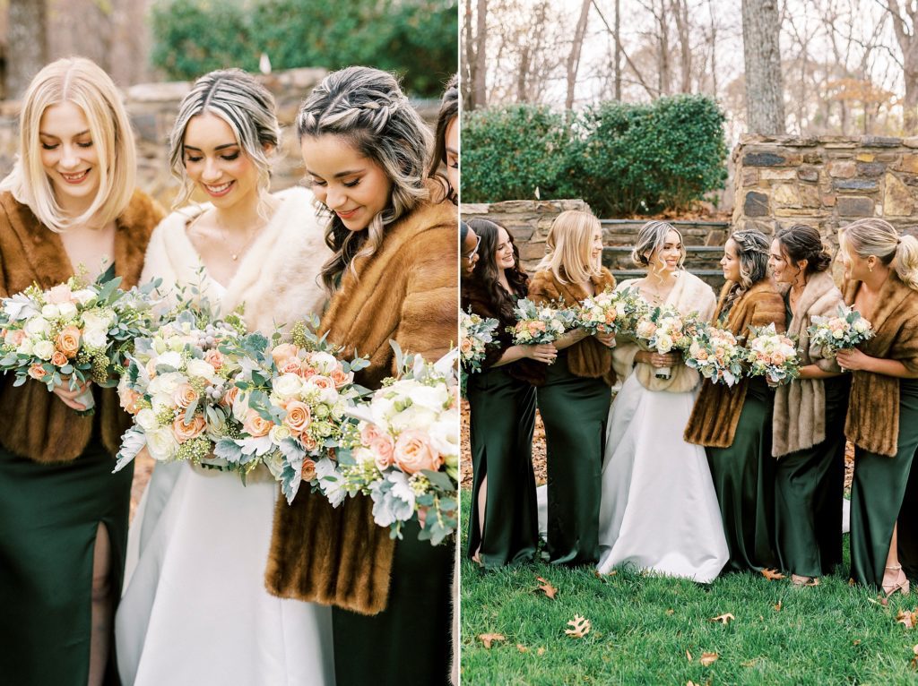 bride walks with bridesmaids in furs over emerald green gowns 