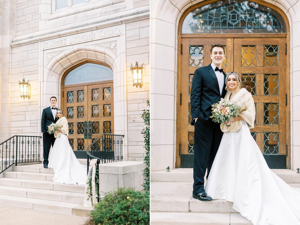 newlyweds pose by wooden doors of St. James Lutheran Church in Concord NC