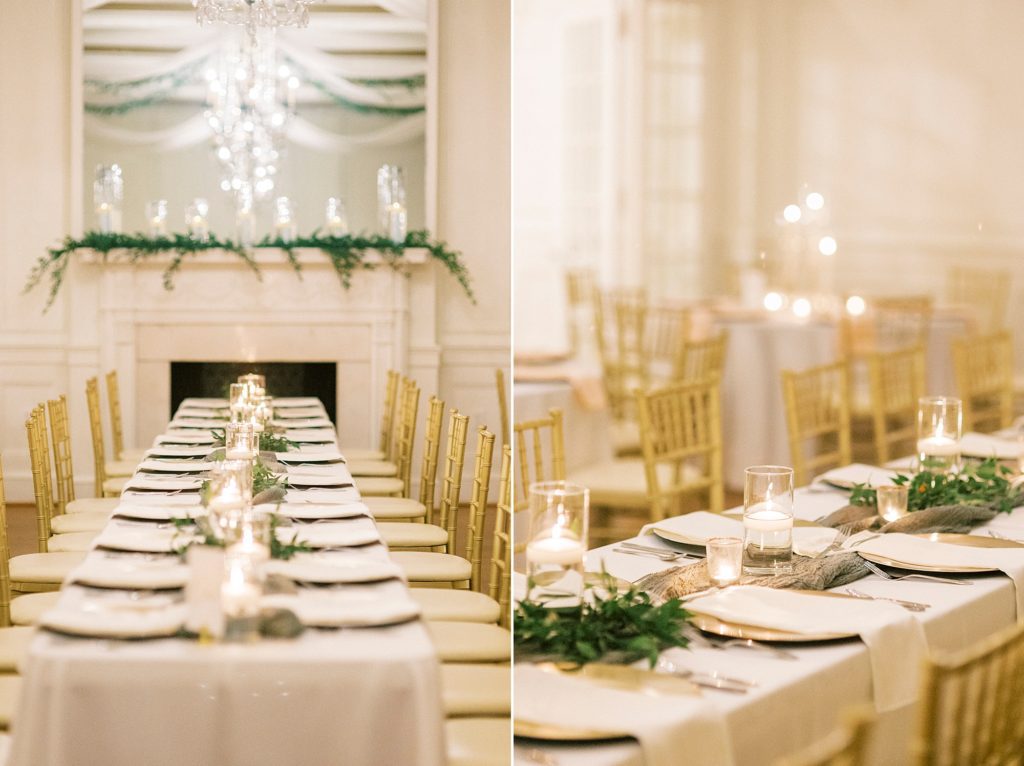 wedding reception at the Hotel Concord with gold and green details 