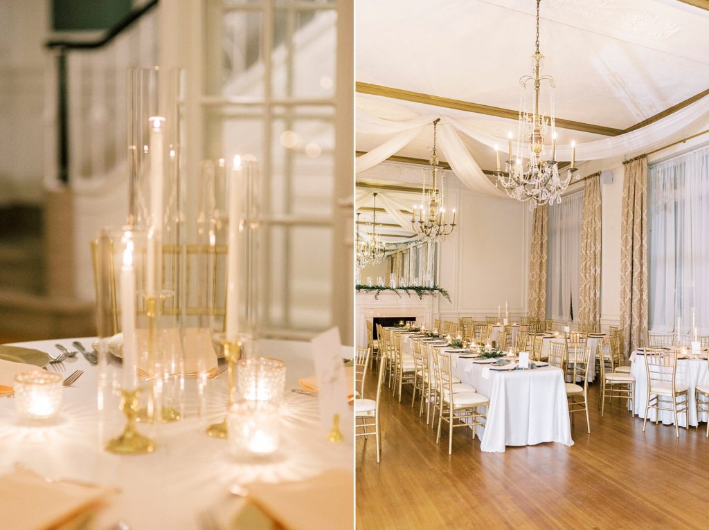 the Hotel Concord wedding reception with candles and gold details 