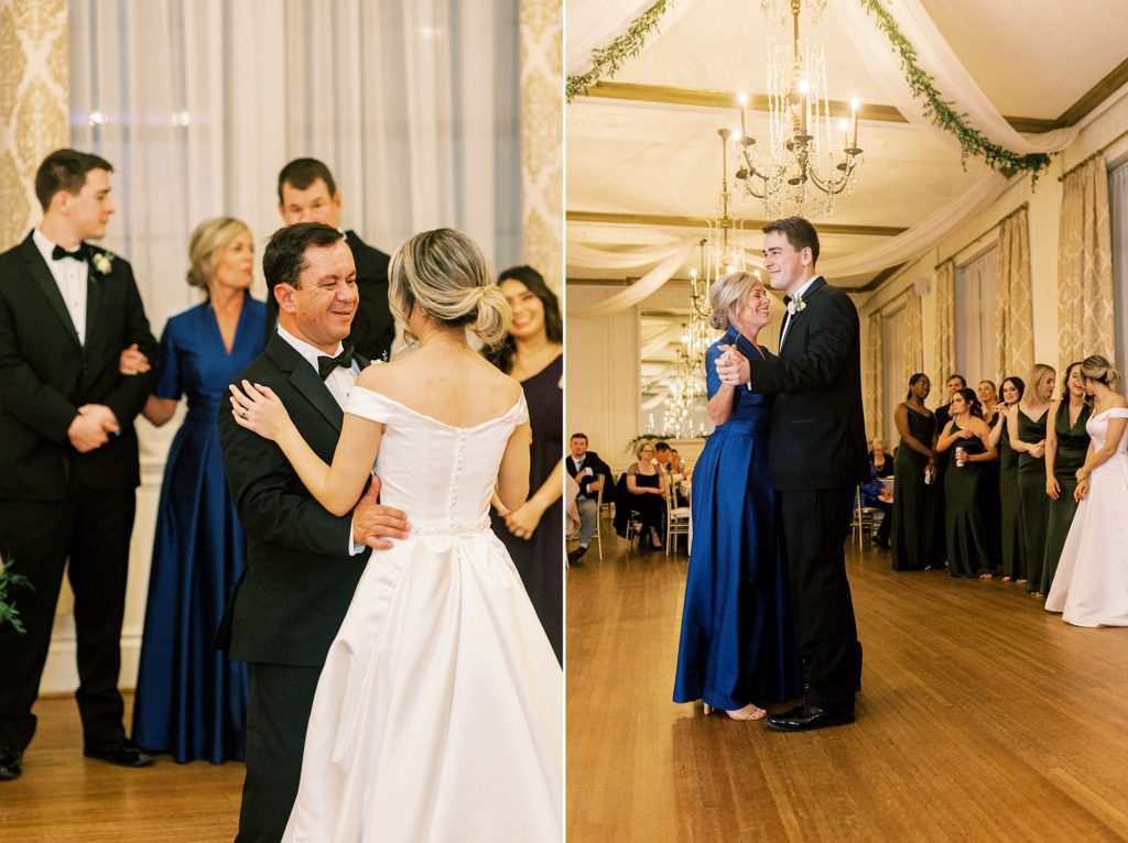 bride and groom dance with parents during the Hotel Concord wedding reception 