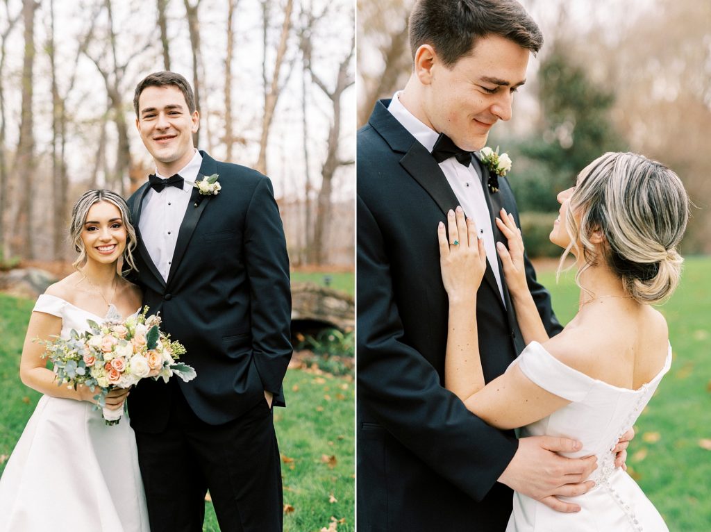 bride smiles up at groom with her hands on his jacket 
