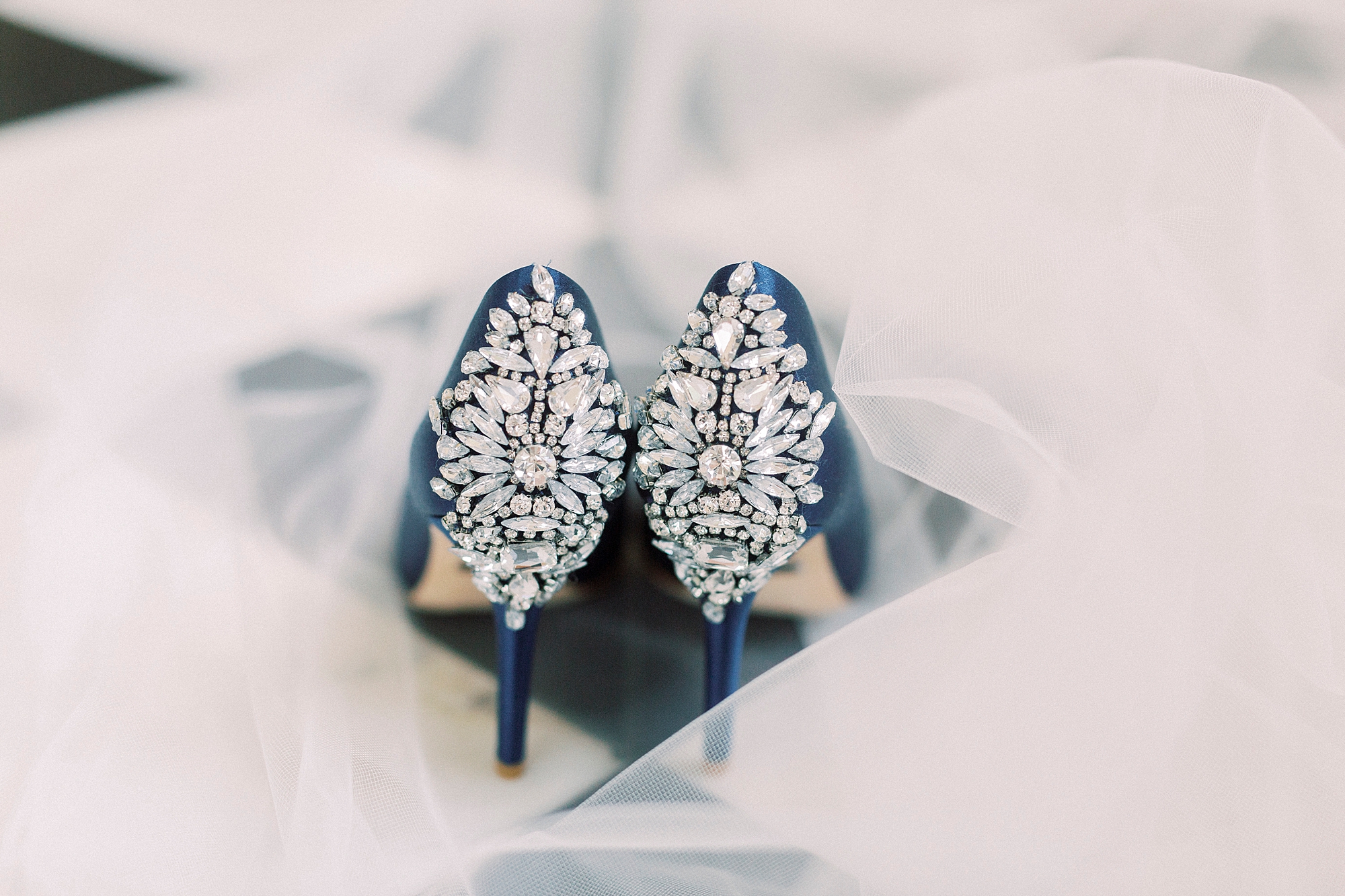 jeweled heel of blue shoes for bride