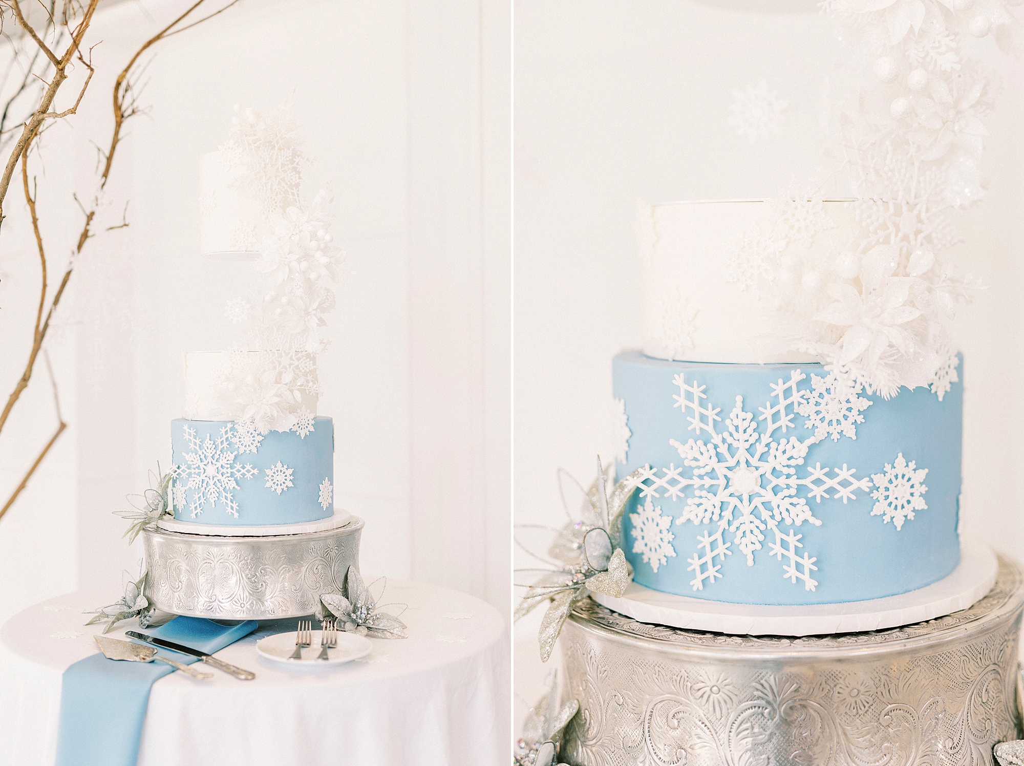 tiered wedding cake with blue and white snowflakes 