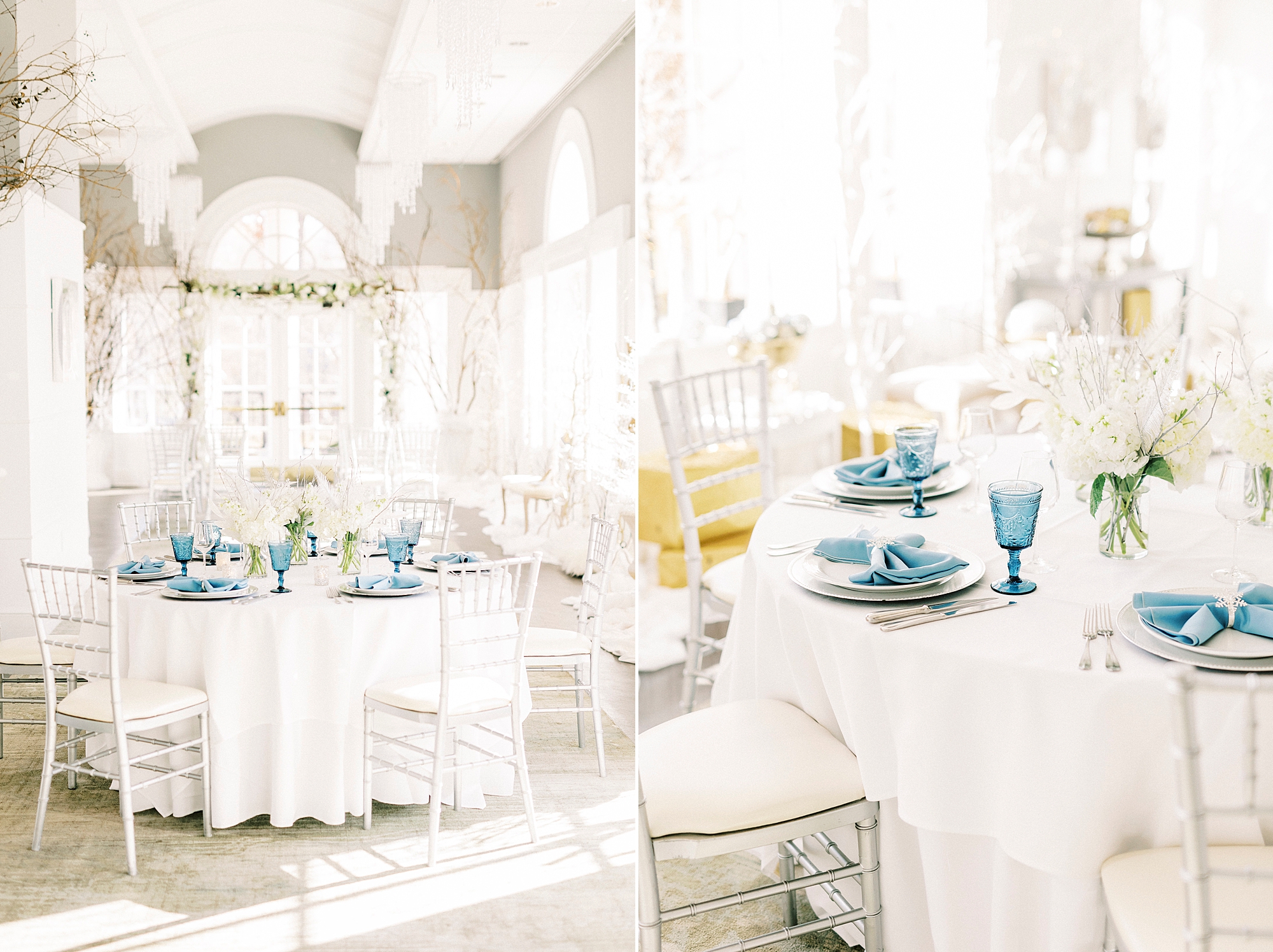 wedding reception with blue and ivory details for Winter Wonderland wedding at River Run Country Club