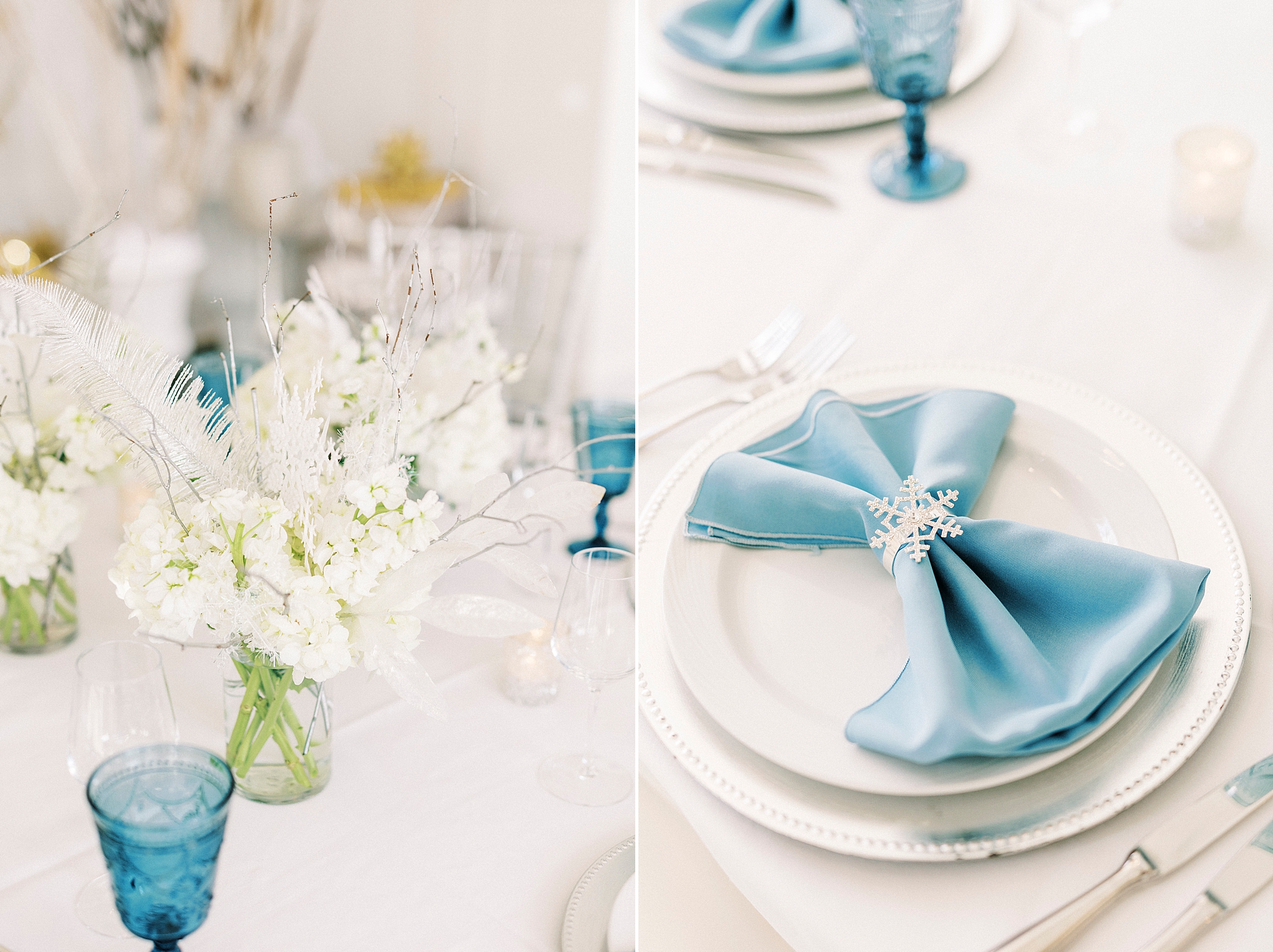 place settings with blue napkins and vintage blue glasses 