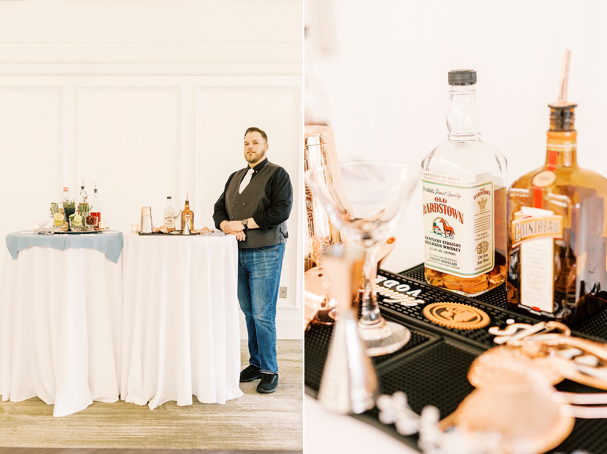 bartender stands by display for winter wonderland wedding at River Run Country Club