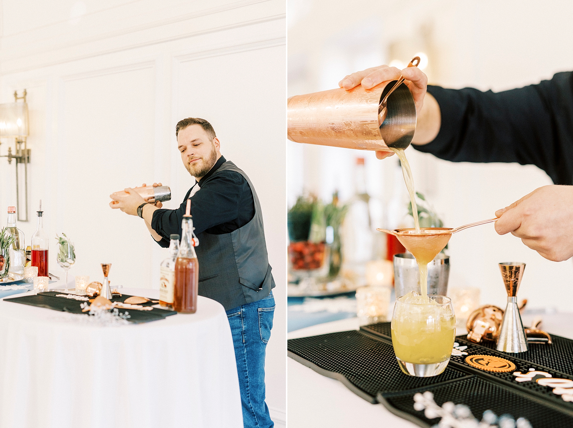 bartender pours drink during NC wedding reception 