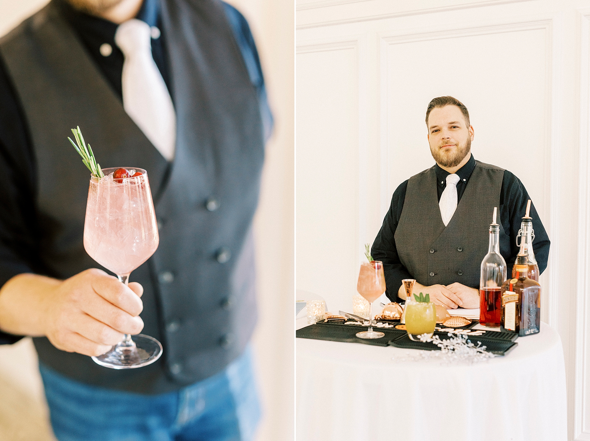 bartender holds out pink drink for winter wonderland wedding at River Run Country Club