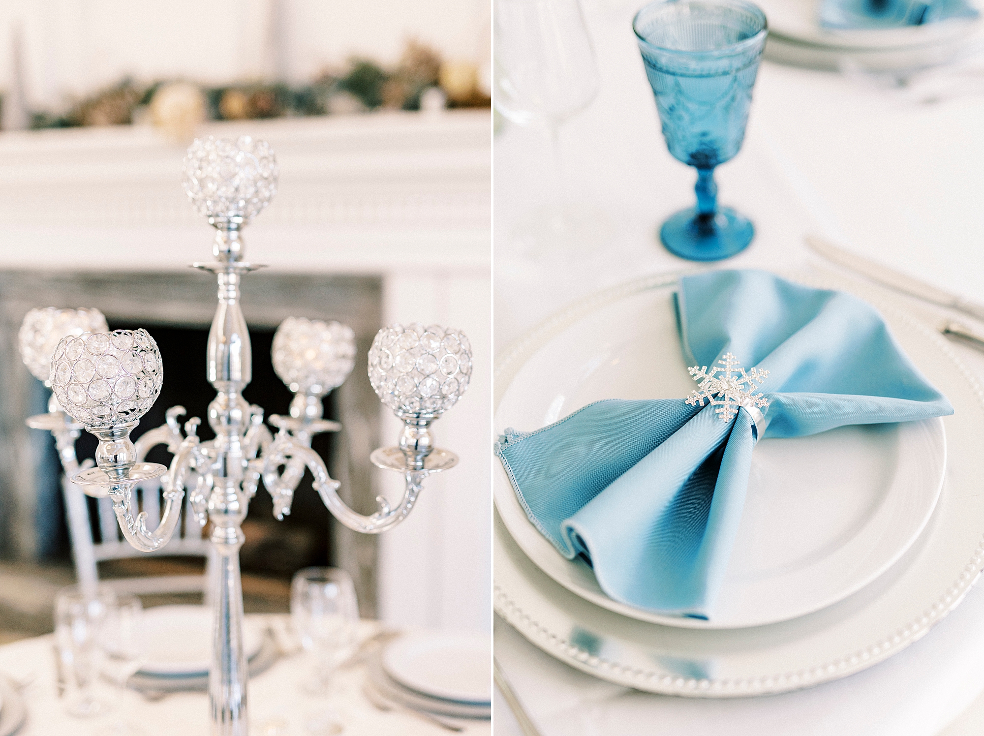 wedding reception with blue napkin and blue vintage glasses at River Run Country Club