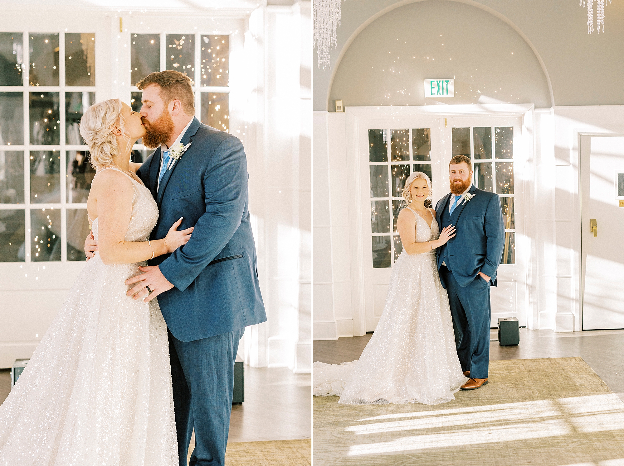 newlyweds kiss by windows at River Run Country Club