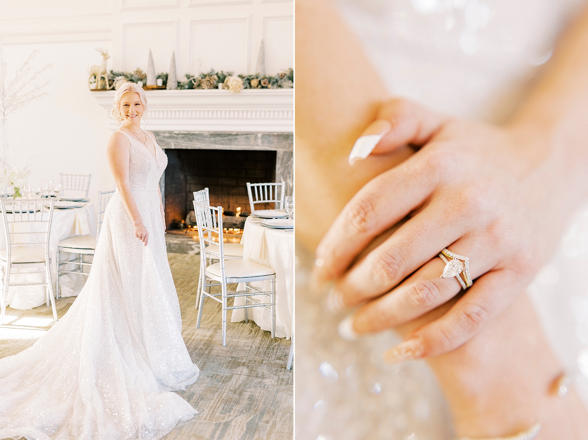 bride shows off engagement ring holding her arm 