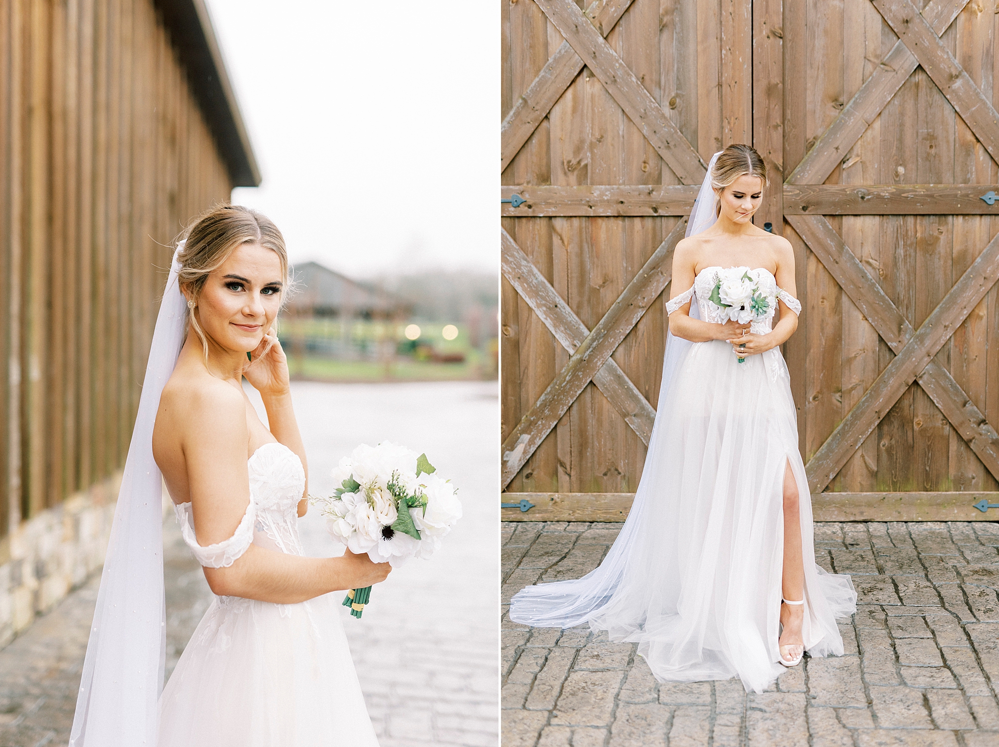 bride looks over shoulder in off-the-shoulder gown by barn doors 