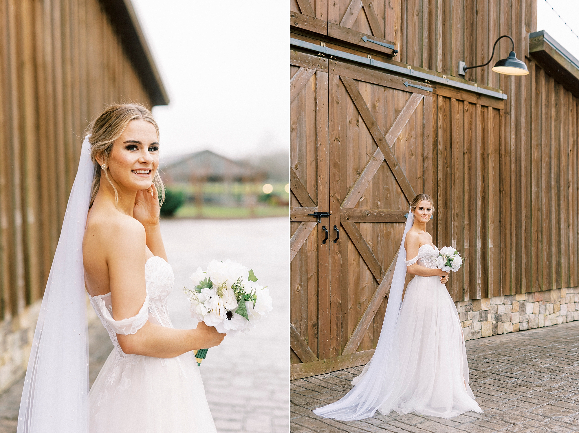 bride pushes hair over ear standing by barn door at The Farmstead