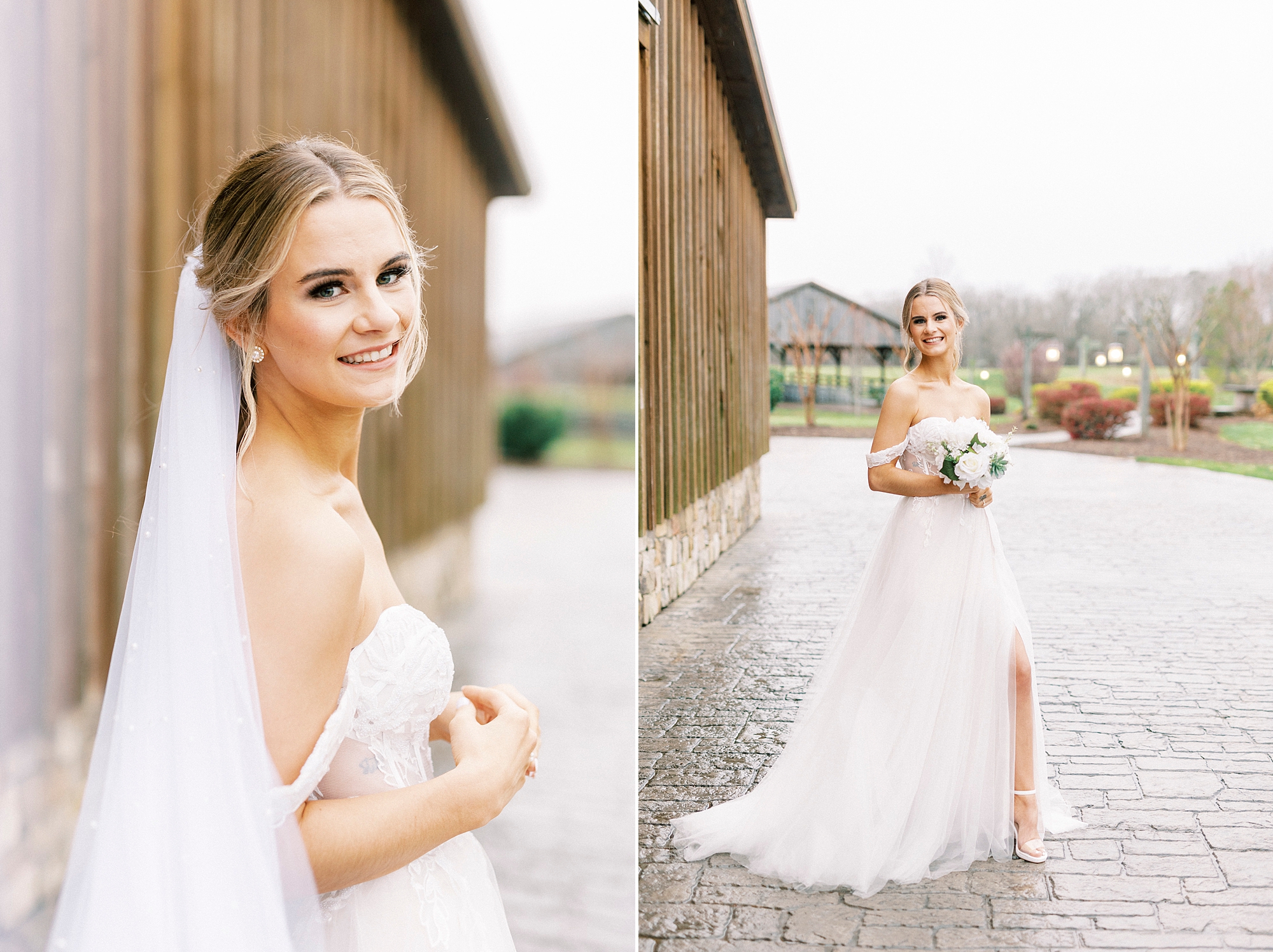 bride in off-the-shoulder wedding gown with leg slit smiles by wooden barn at The Farmstead