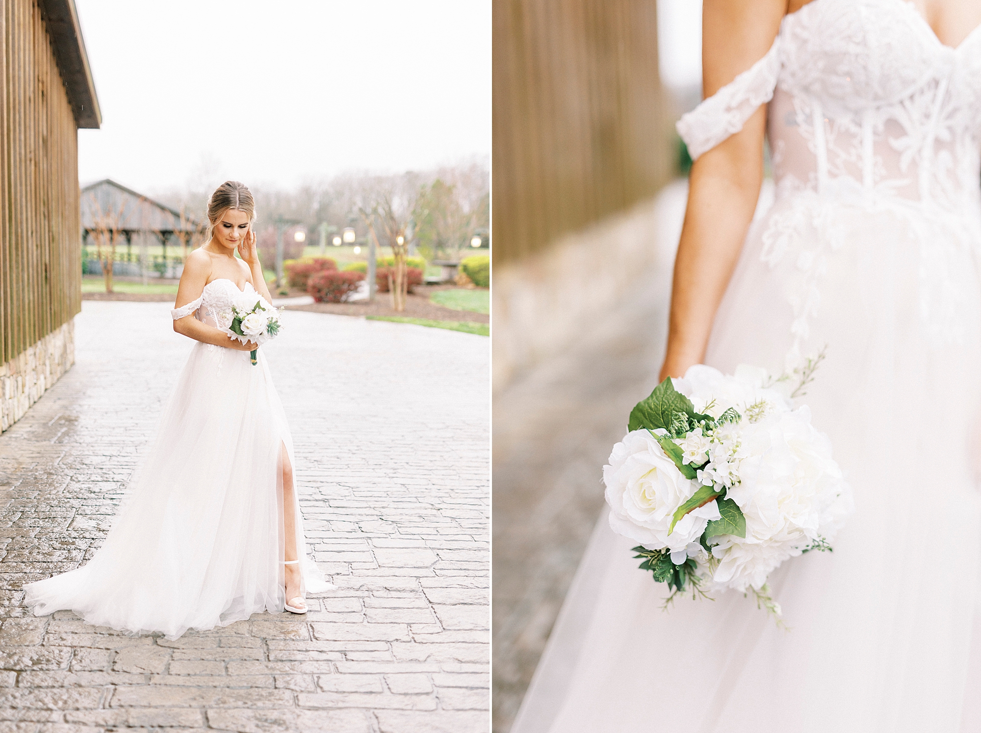 bride looks over shoulder holding bouquet of white roses 