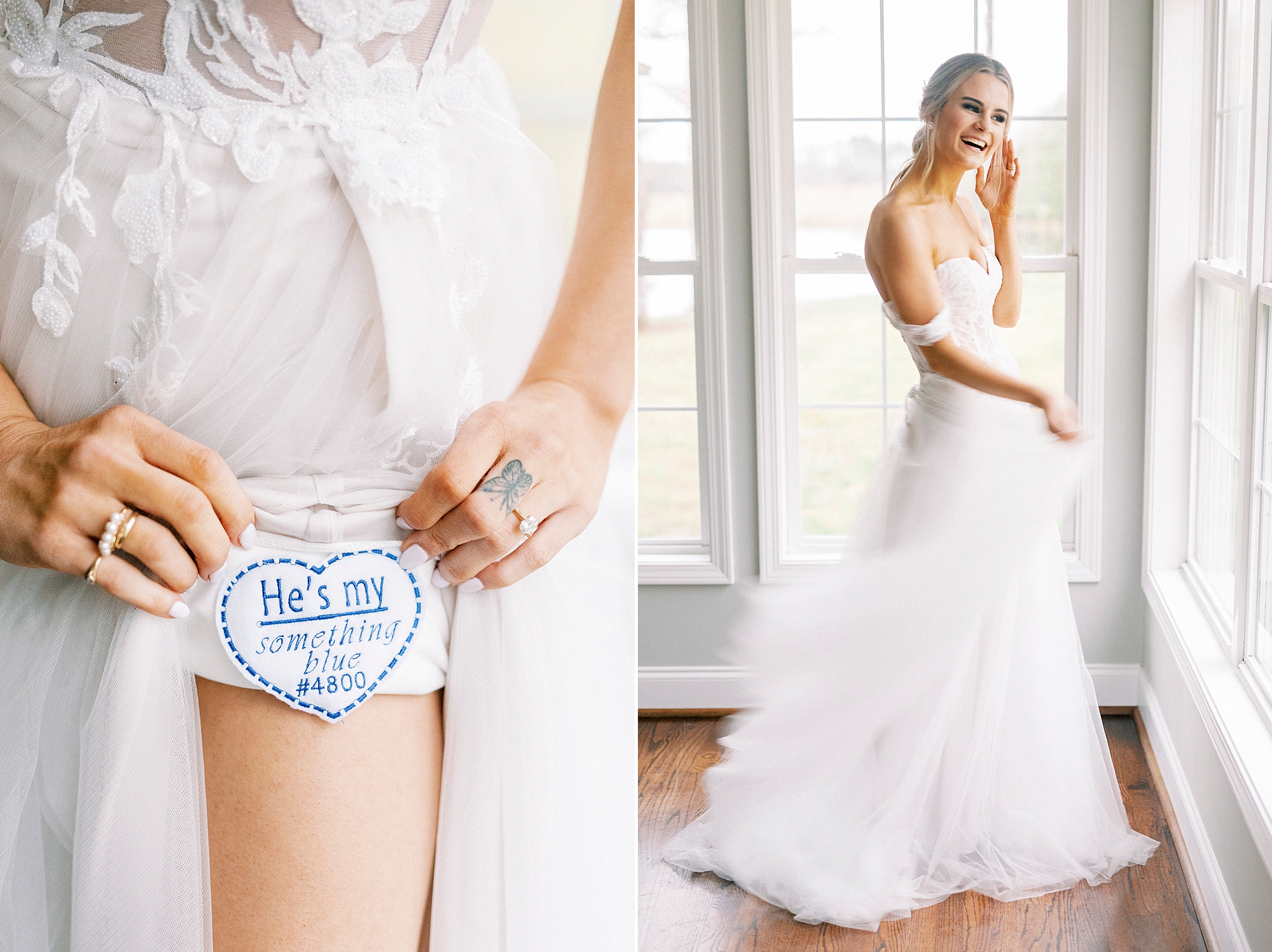 bride shows "something blue" under edge of wedding gown skirt 