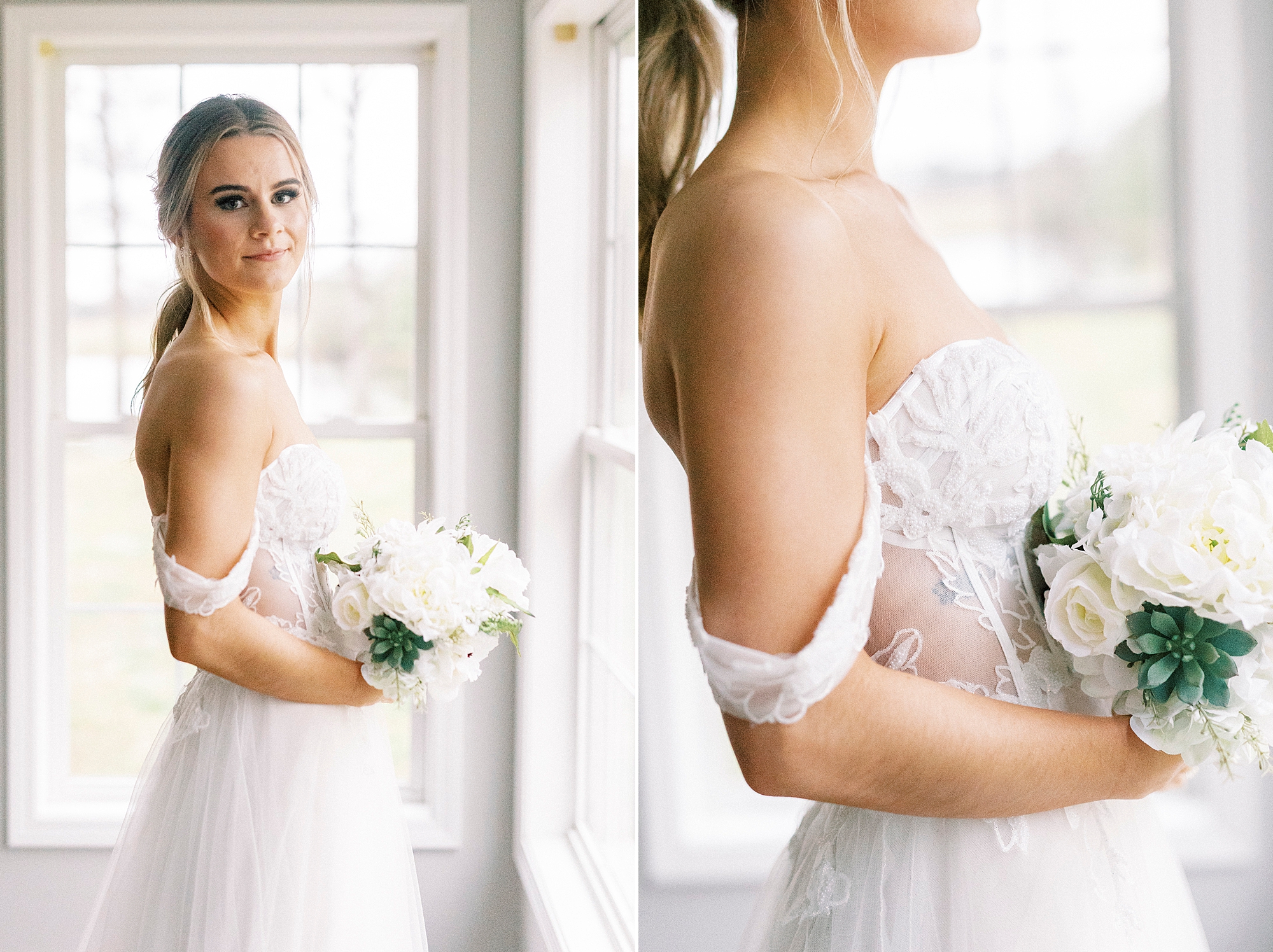 bride holds bouquet of white flowers by window at The Farmstead