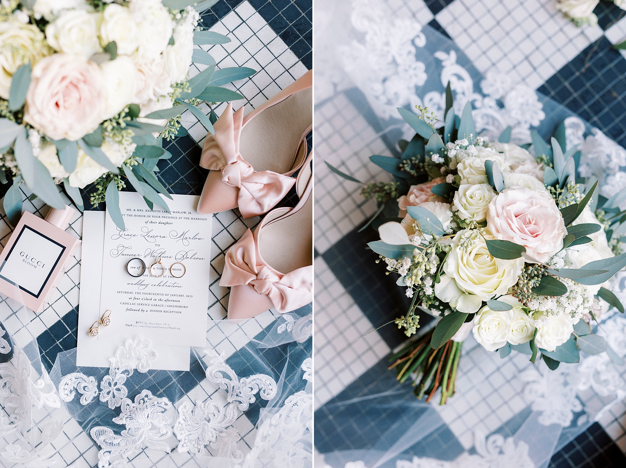 bride's shoes, invitation, and bouquet for Cadillac Service Garage wedding