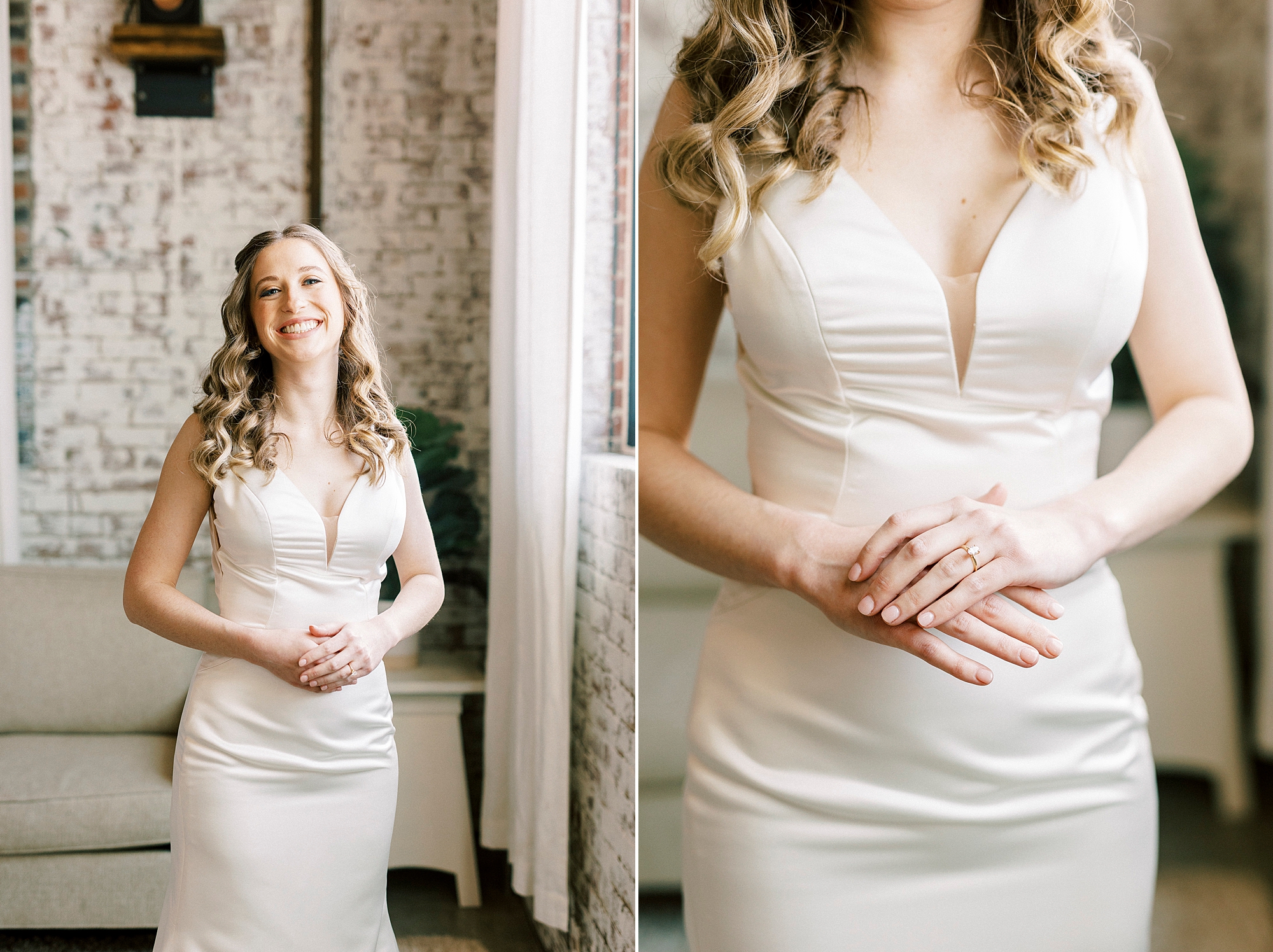 bride puts on sleek wedding gown for Cadillac Service Garage wedding 