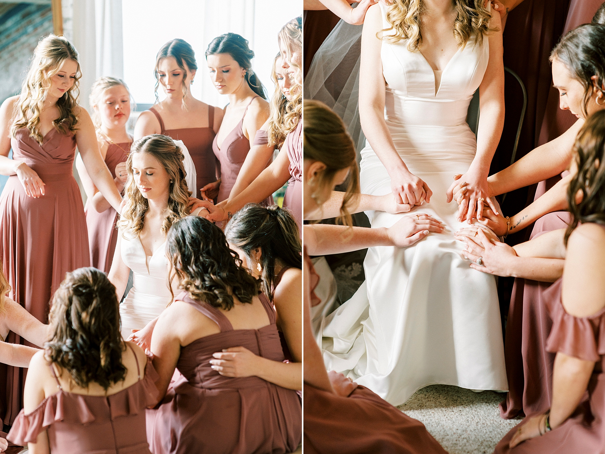 bridesmaids stand around bride praying with her before wedding ceremony at the Cadillac Service Garage