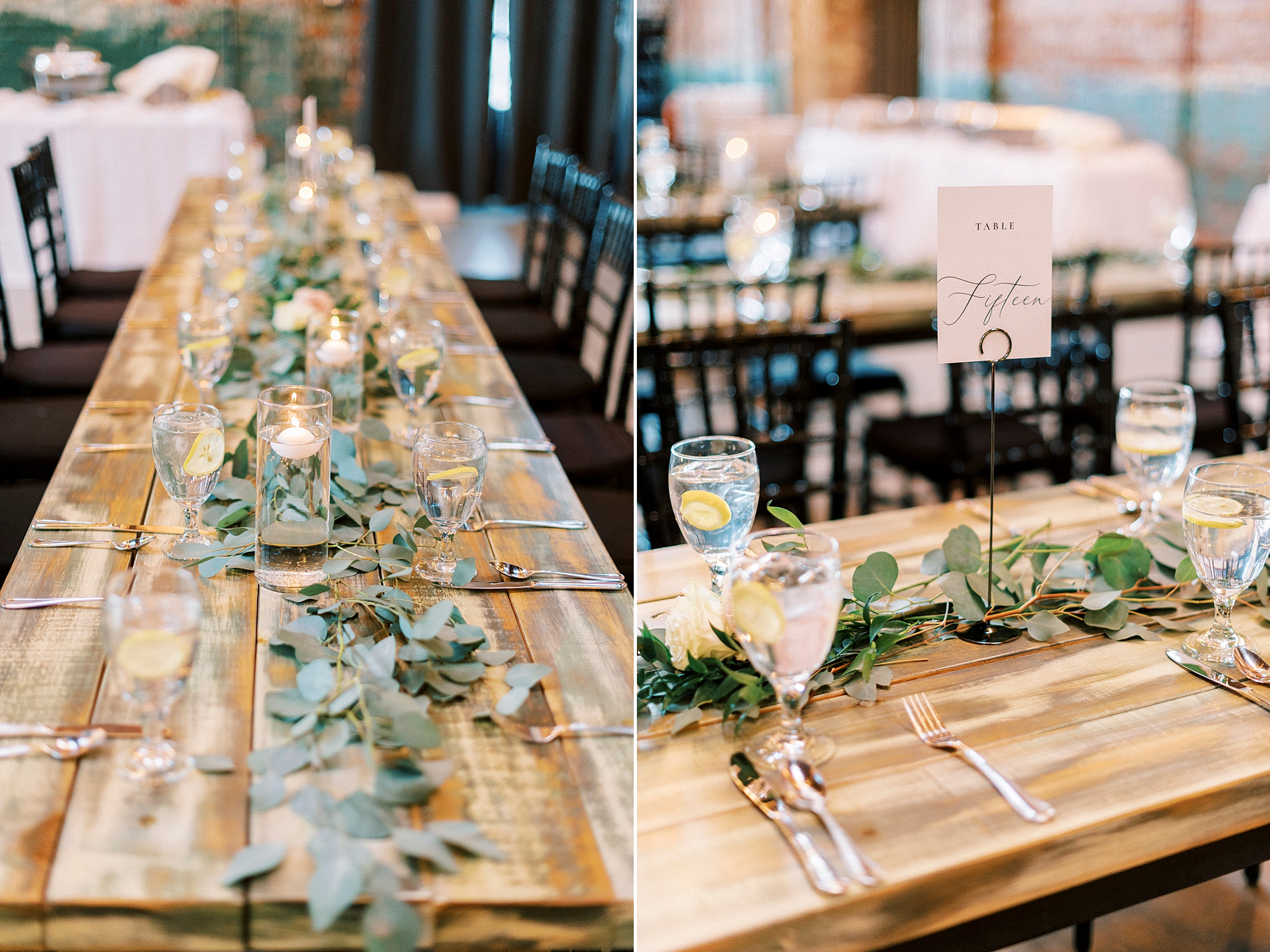 wedding reception with wooden table and greenery at the Cadillac Service Garage